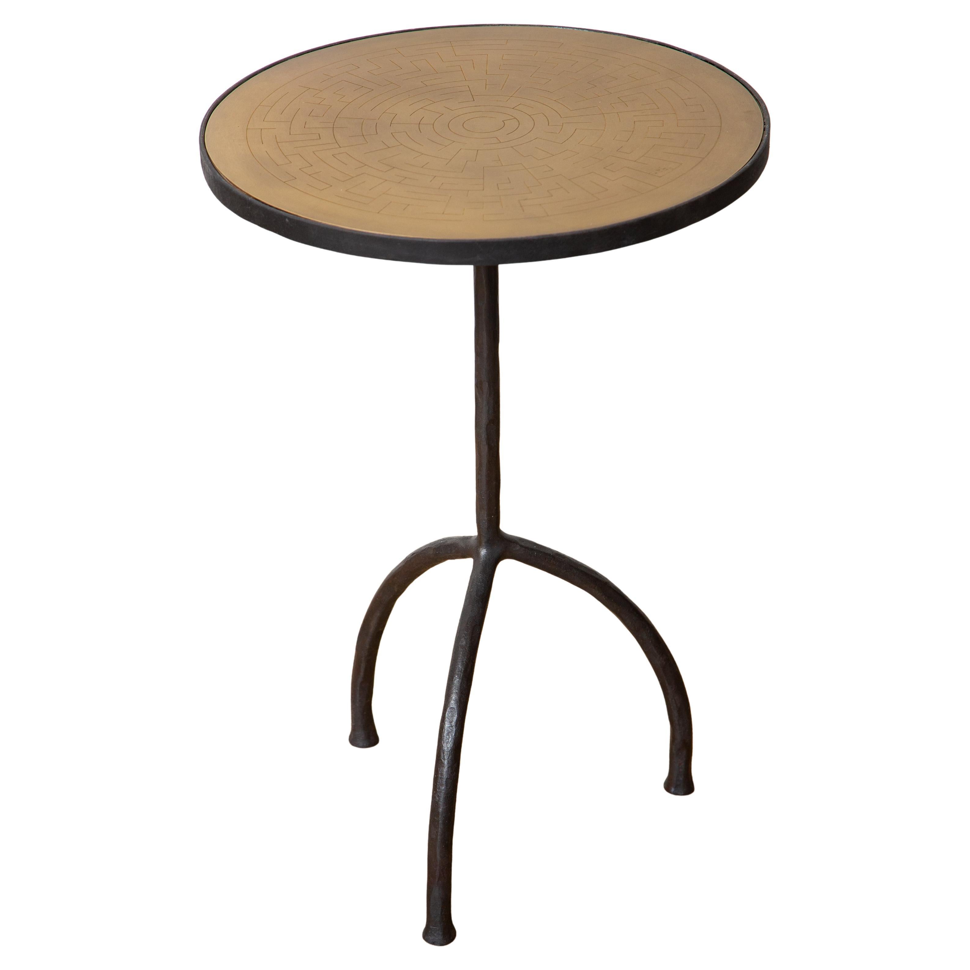 Martini Side Table Tripod Wrought Iron with Etched Brass Top, in stock