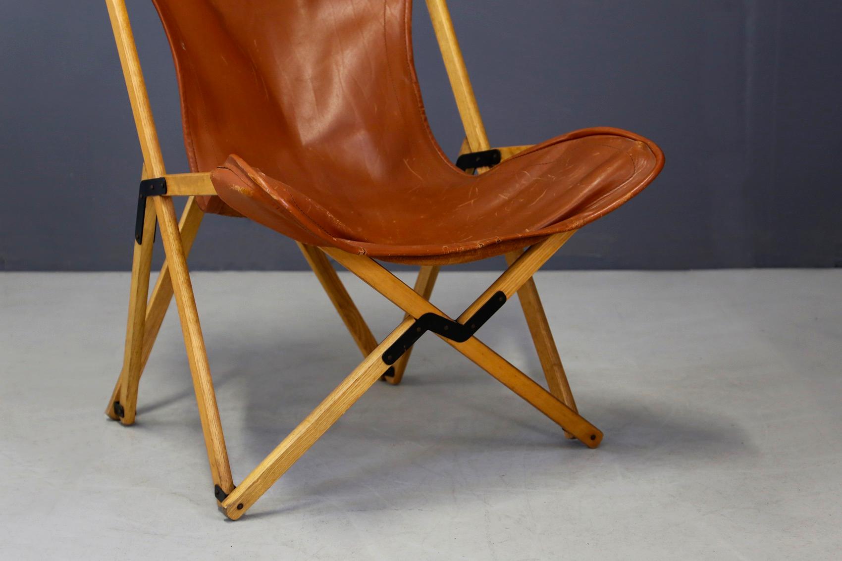 Tripolina Folding Chair by Viganò in Leather and Teak from circa 1970s 2