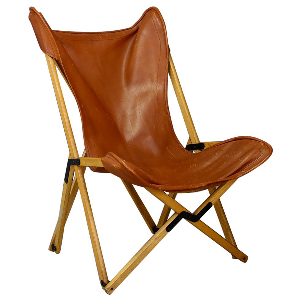 Tripolina Folding Chair by Viganò in Leather and Teak from circa 1970s