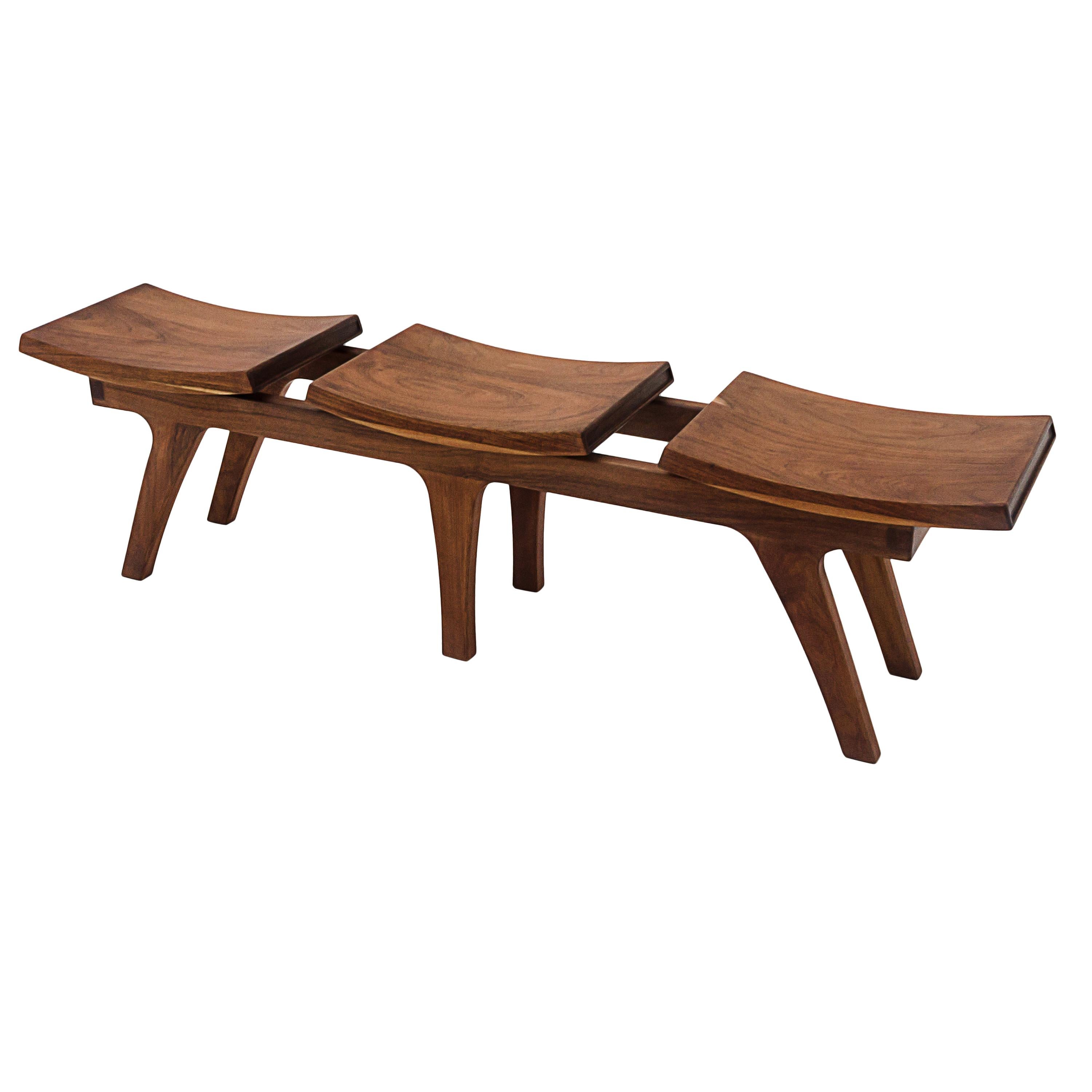 Tripot, Solid Walnut Wood Bench, Stool with Three Seats