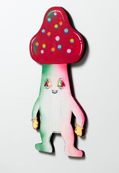 "Mushroom", Colorful Mushroom Figure with Red Cap, Acrylic on Wood