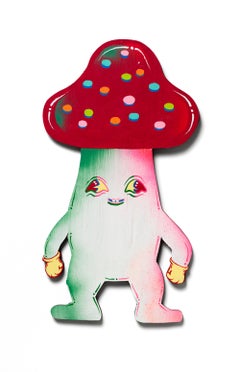 "Mushroom", Colorful Mushroom Figure with Red Cap, Acrylic on Wood