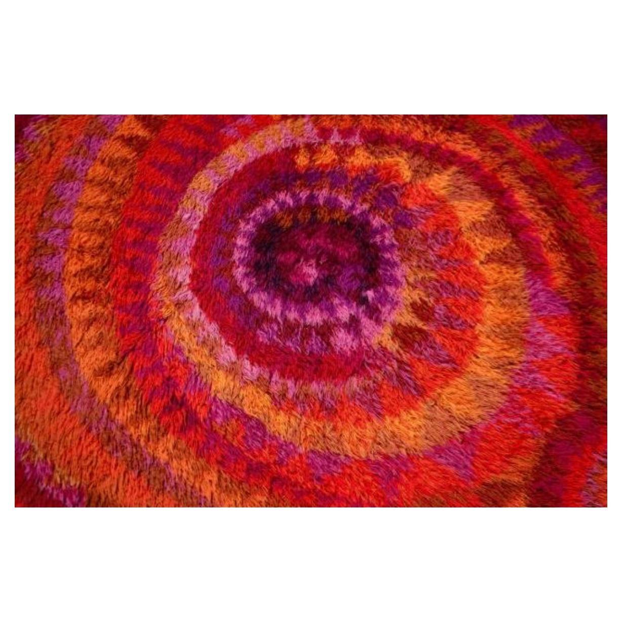 Trippy Mid century vintage Rya Rug Vibrant very colorful Spirals Sweden. Very fun Spiral Patterns with other circular patterns. Many Vibrant Colors in good vintage condition. Nice soft Wool high quality woven rug. Made in Sweden Located in Brooklyn