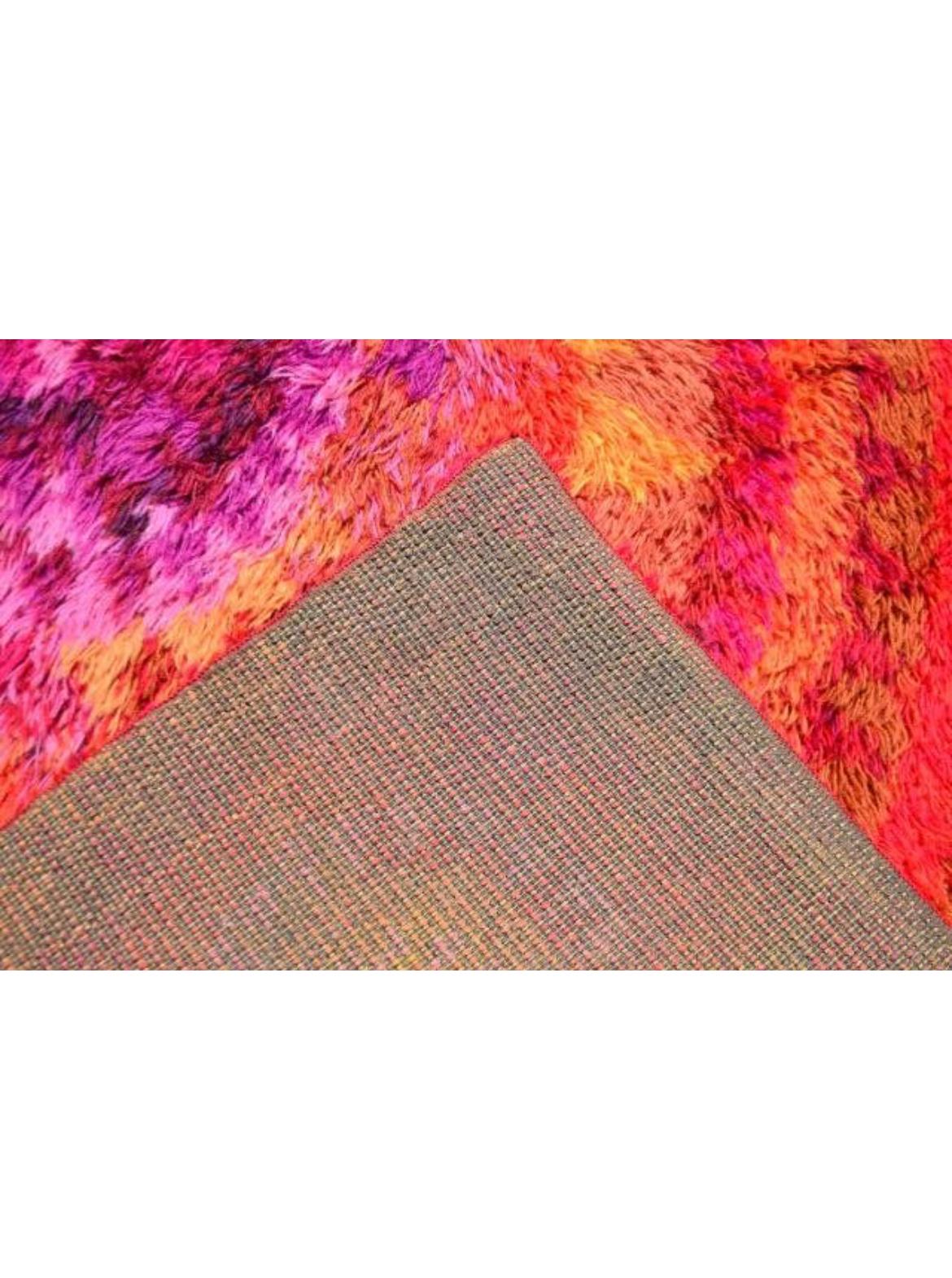 Hand-Woven Trippy Midcentury Vintage Rya Rug Vibrant Very Colorful Spirals Sweden