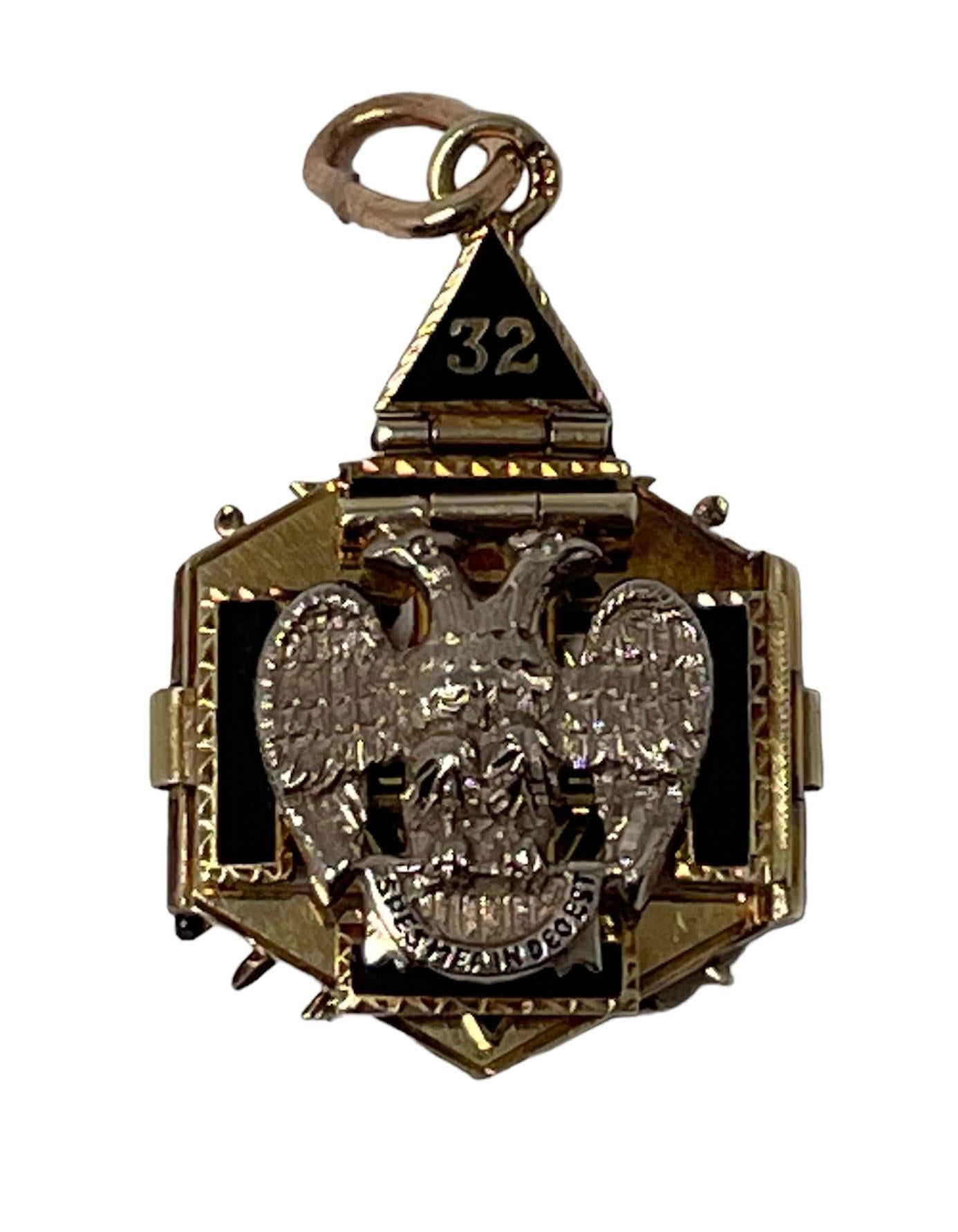 14K Yellow Gold Enamel Masonic 32nd Degree Double Eagles Triptych Pendant 2