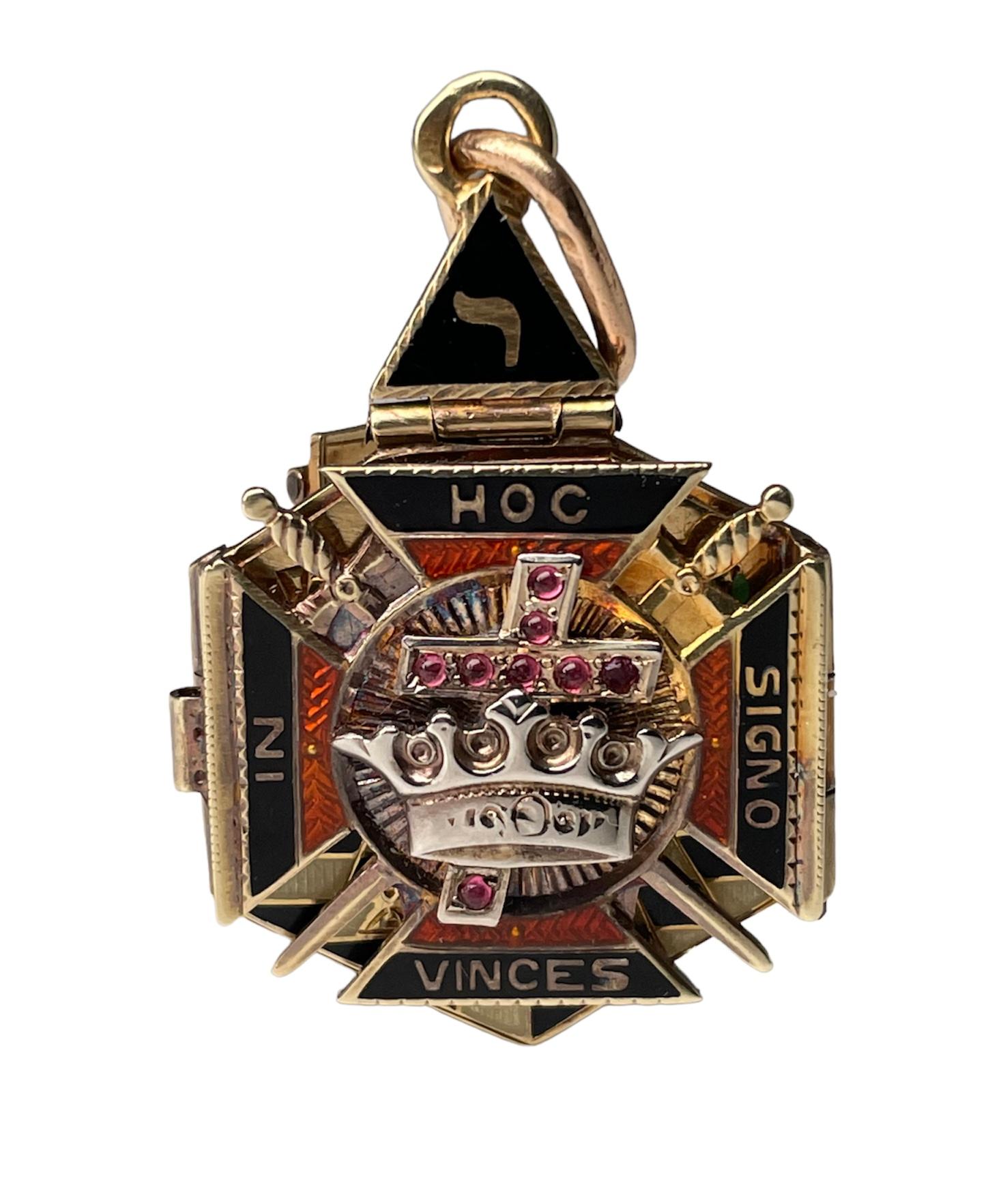 14K Yellow Gold Enamel Masonic 32nd Degree Double Eagles Triptych Pendant 3