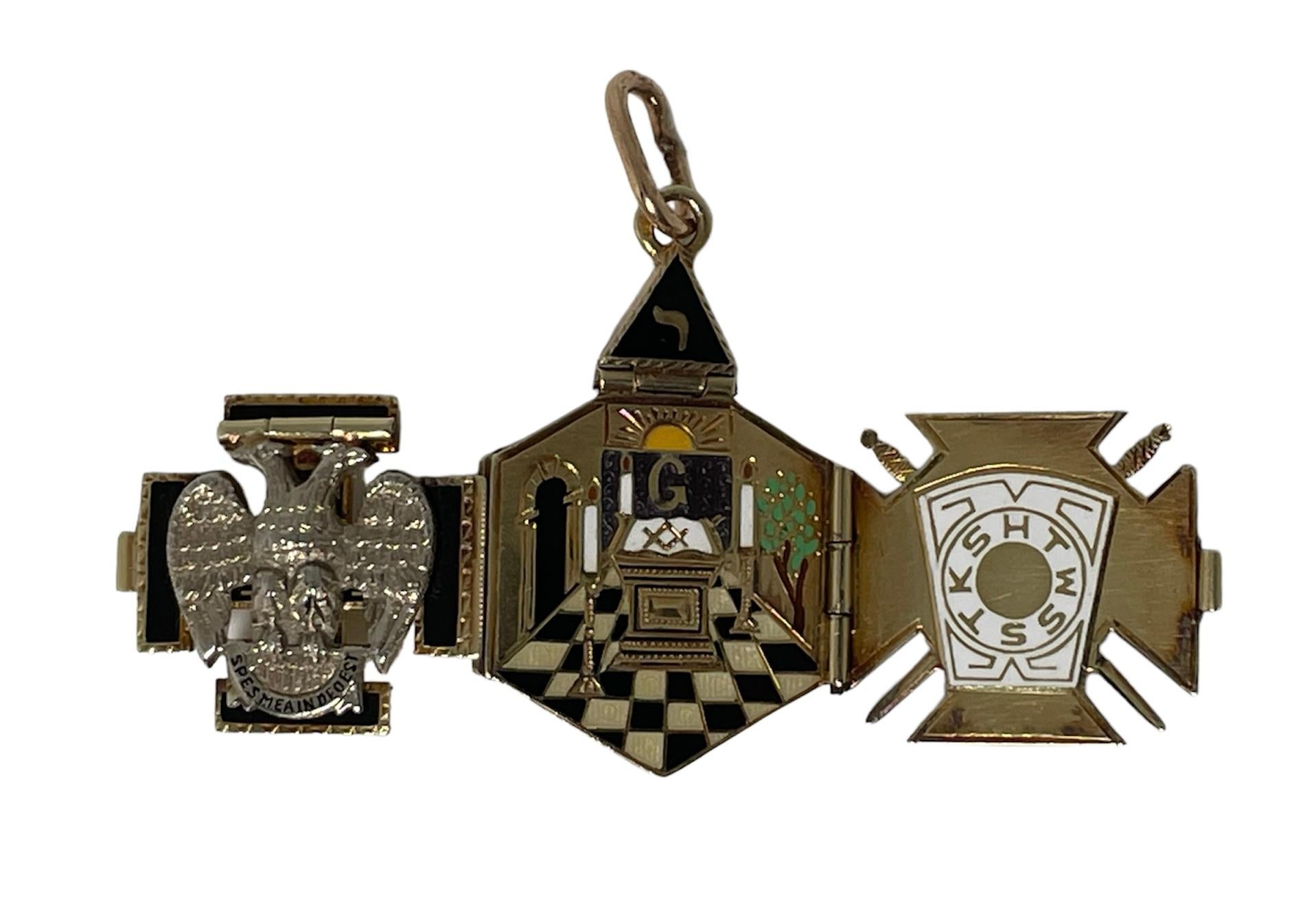 14K Yellow Gold Enamel Masonic 32nd Degree Double Eagles Triptych Pendant In Good Condition In Guaynabo, PR
