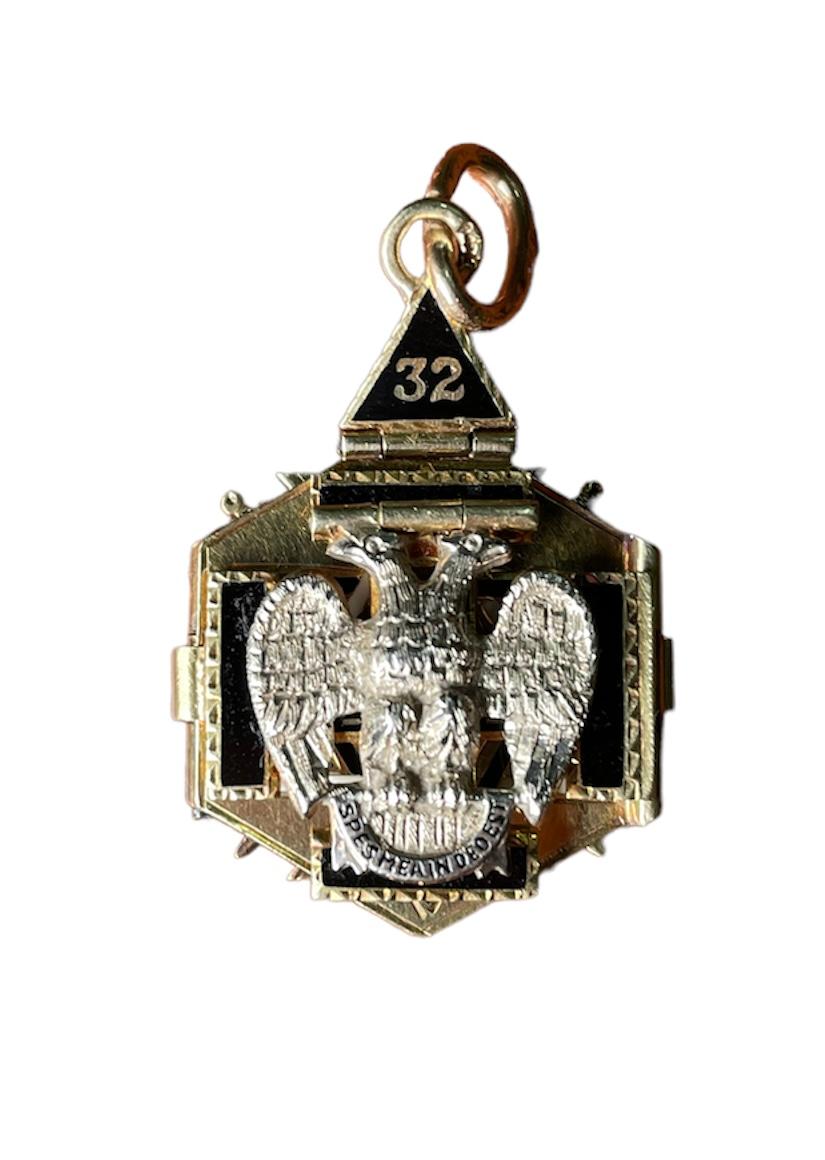 Women's or Men's 14K Yellow Gold Enamel Masonic 32nd Degree Double Eagles Triptych Pendant