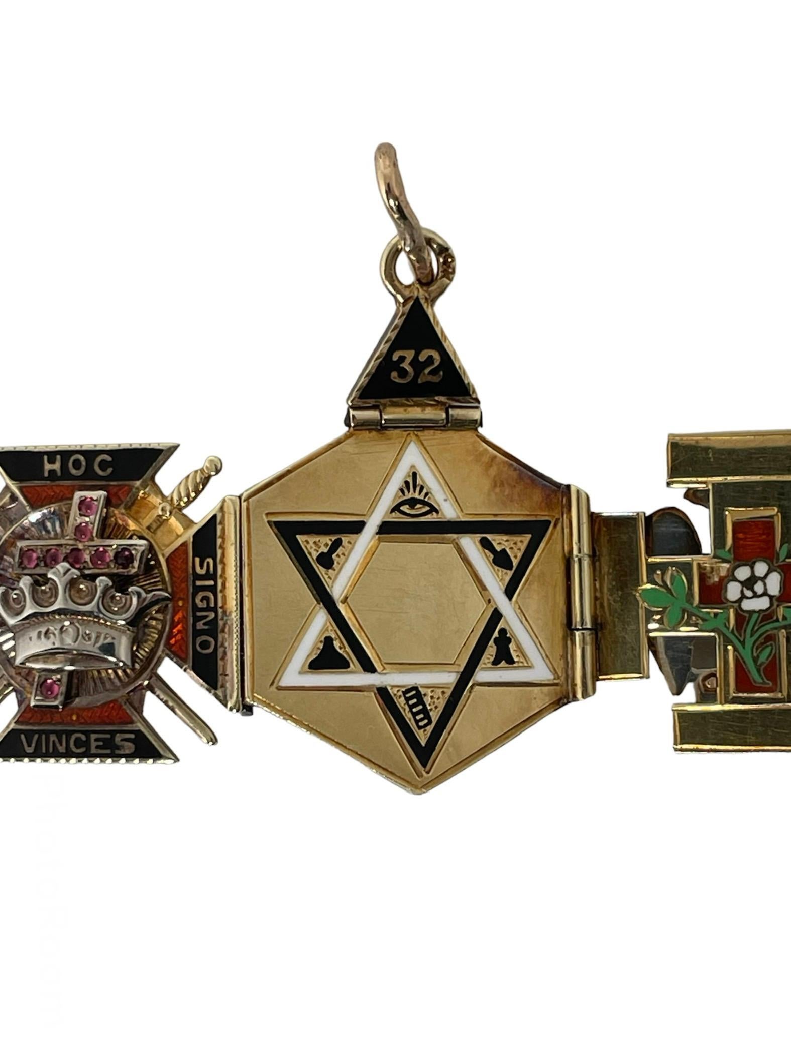 14K Yellow Gold Enamel Masonic 32nd Degree Double Eagles Triptych Pendant 1
