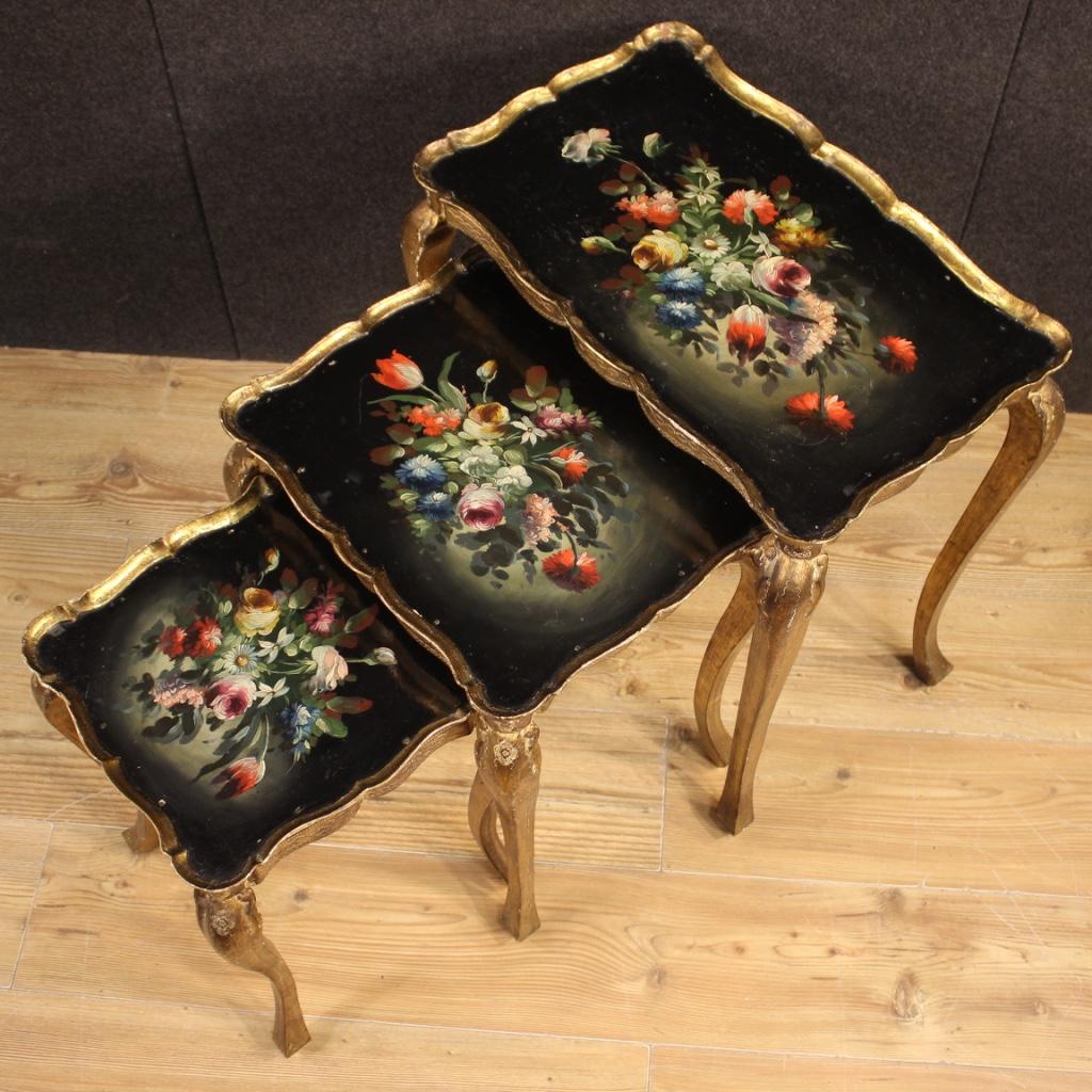 Wood Triptych 20th Century Painted and Giltwood Italian Coffee Tables, 1960