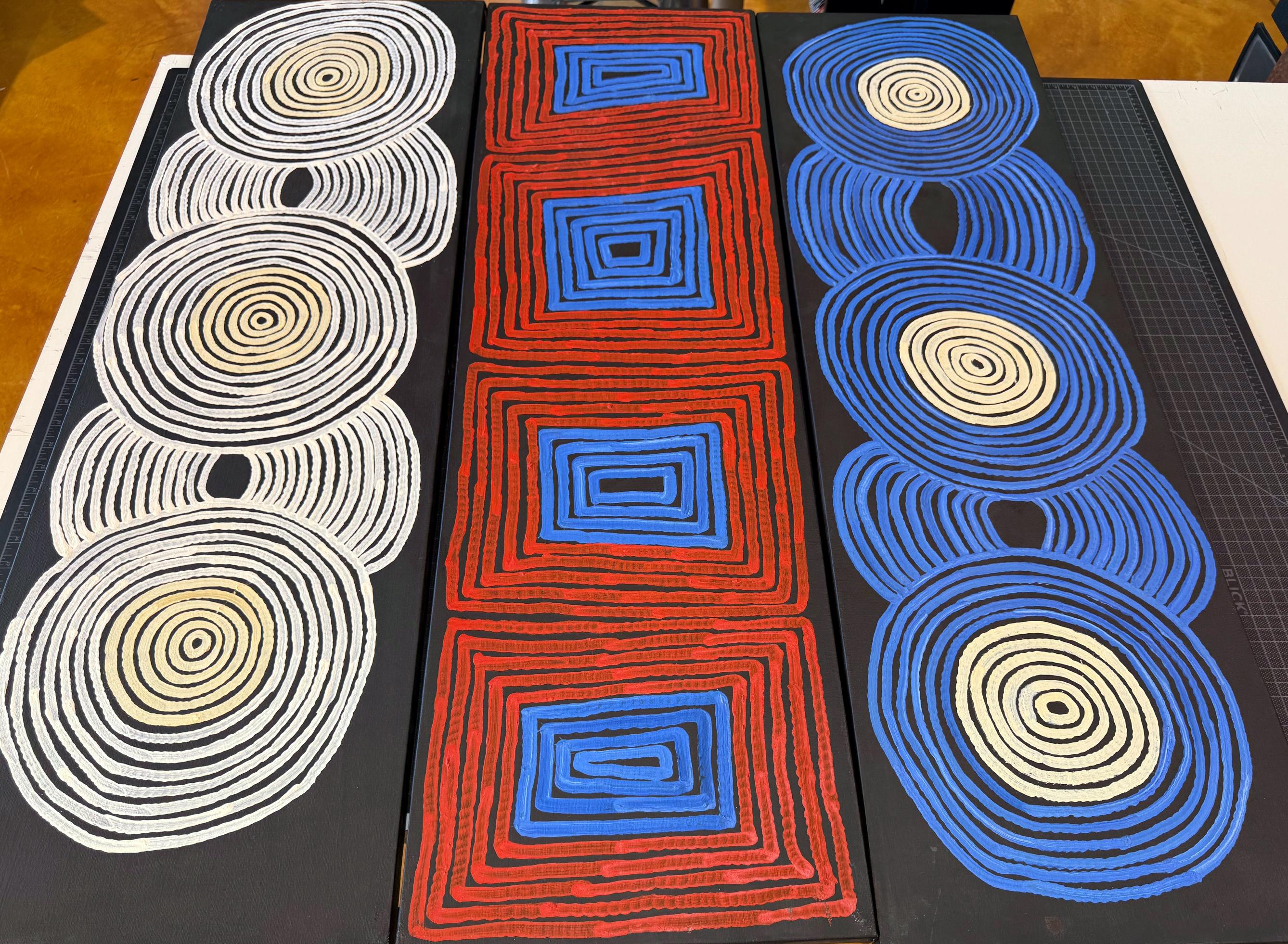 Triptych Australian Aboriginal Paintings Tingari Ronnie Tjampitjinpa For Sale 7