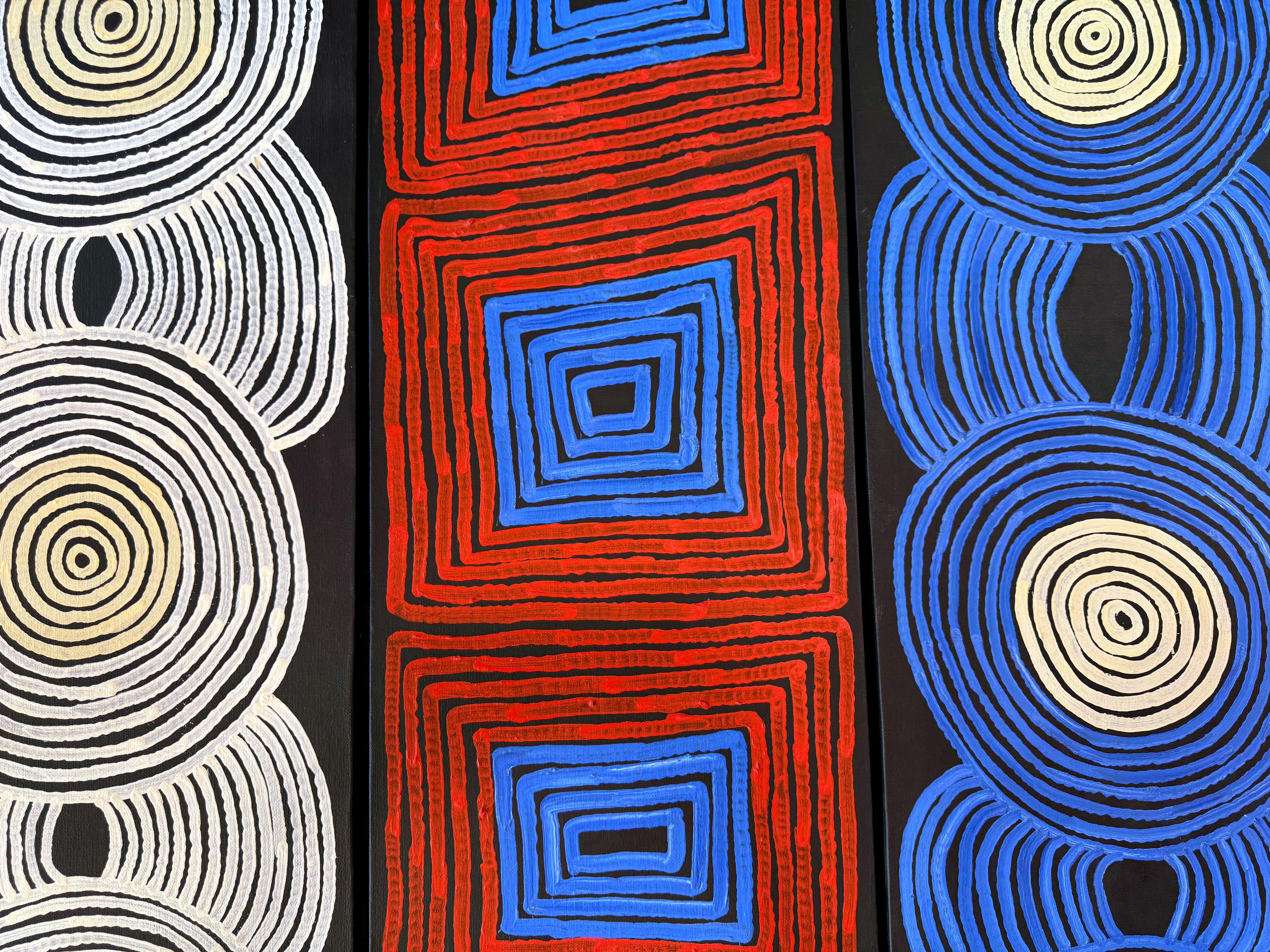 A triptych panel painting by Australian Aboriginal artist Ronnie Tjampitjinpa (1943-2023). Entitled 