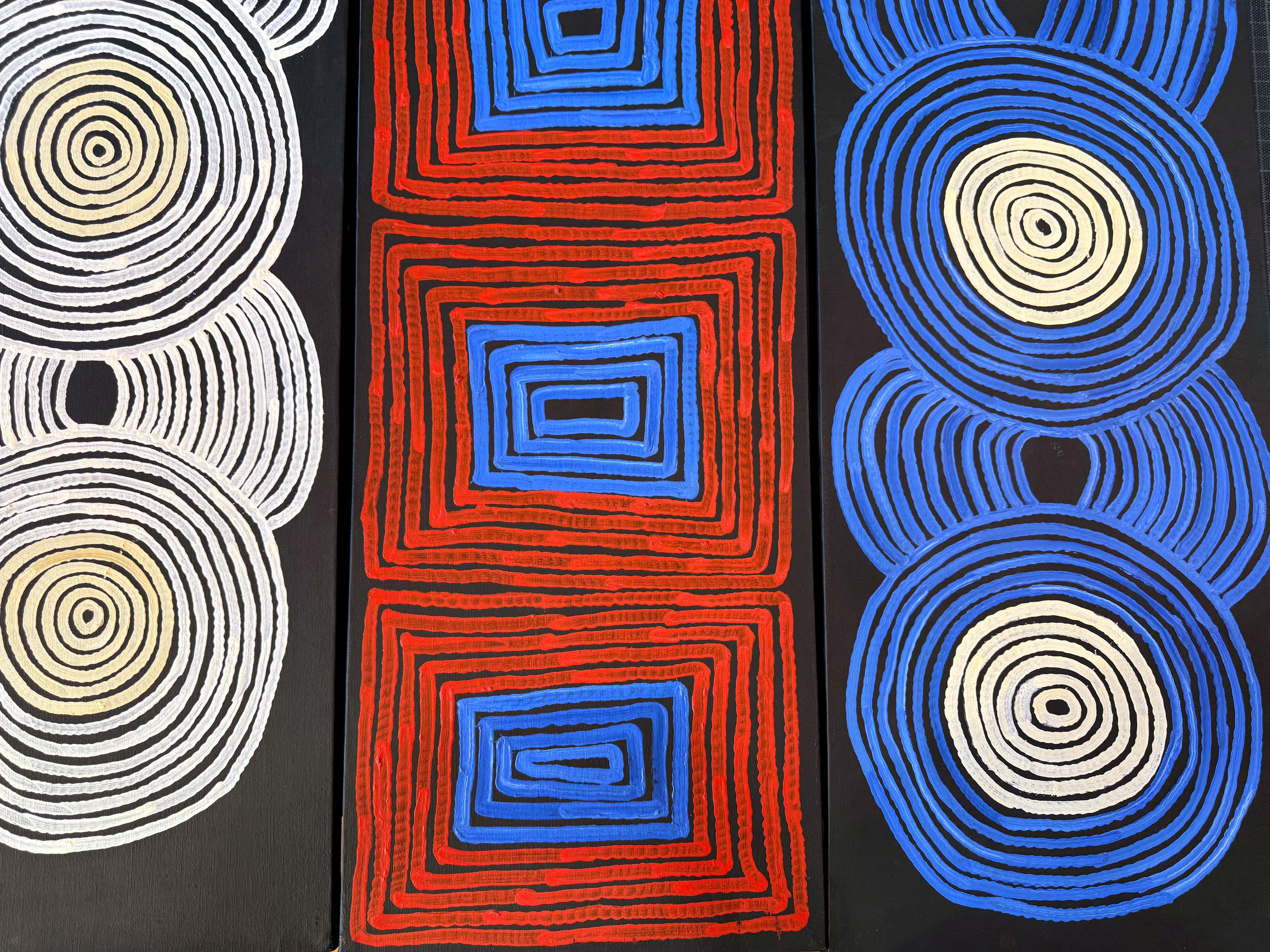 Modern Triptych Australian Aboriginal Paintings Tingari Ronnie Tjampitjinpa For Sale