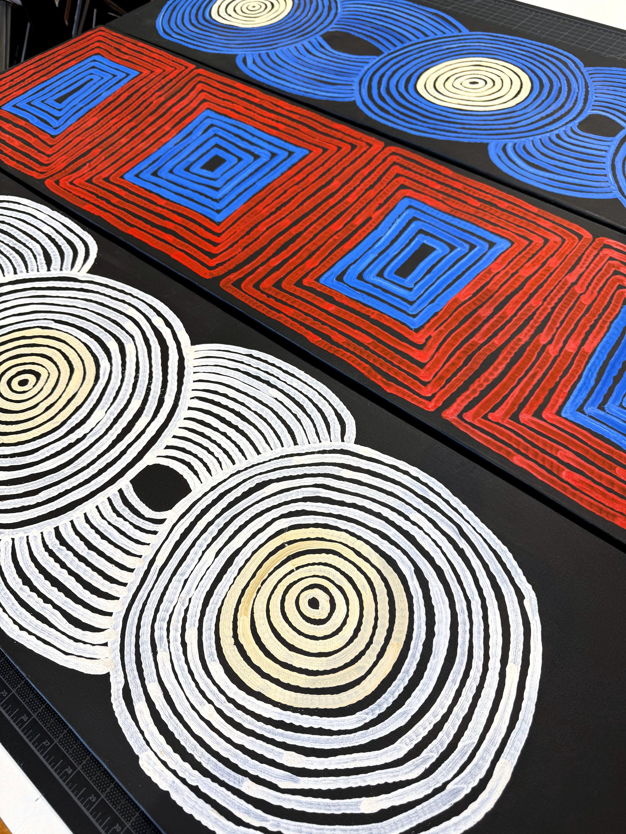 Triptych Australian Aboriginal Paintings Tingari Ronnie Tjampitjinpa In Good Condition For Sale In Atlanta, GA