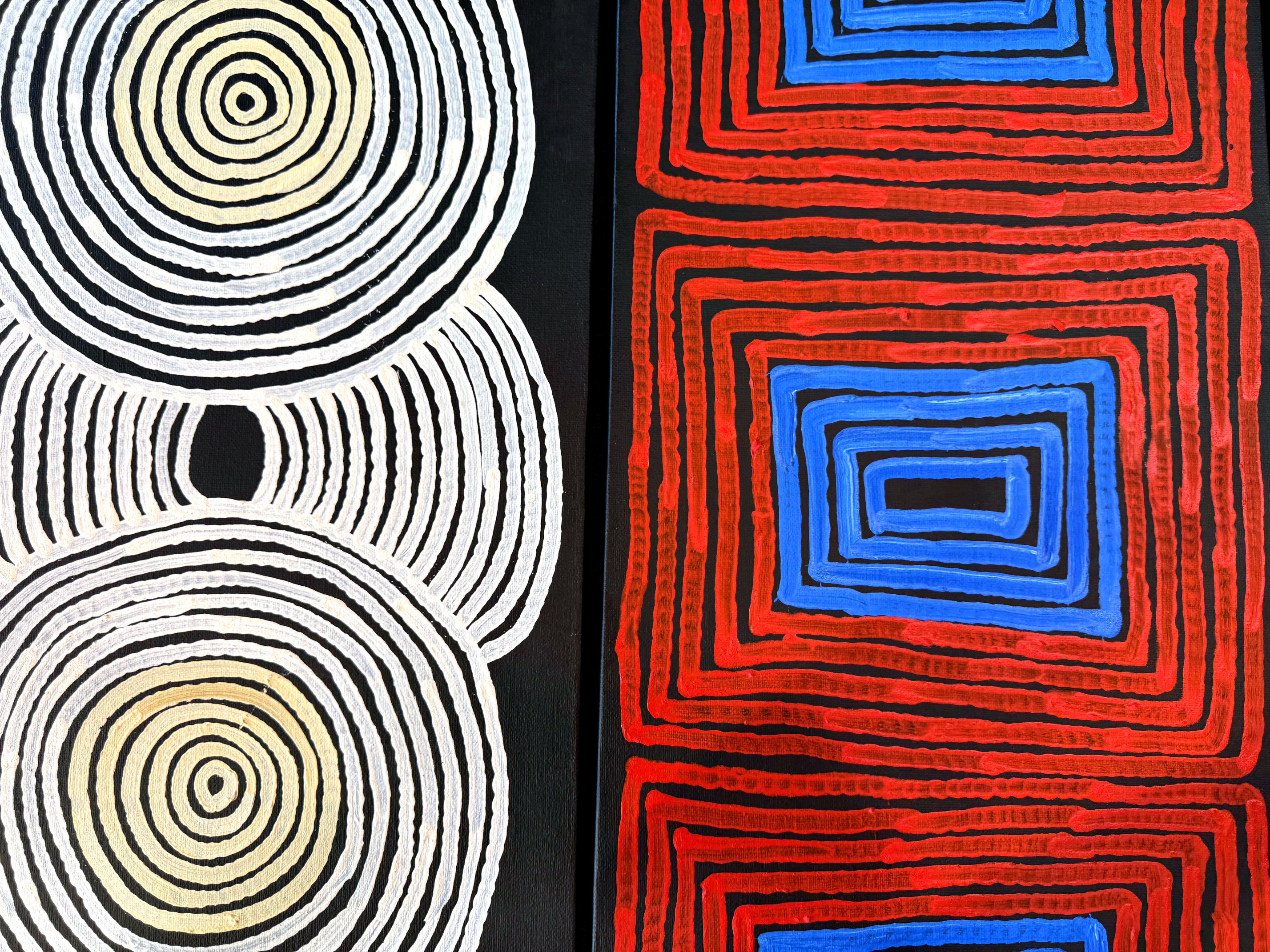 Contemporary Triptych Australian Aboriginal Paintings Tingari Ronnie Tjampitjinpa For Sale