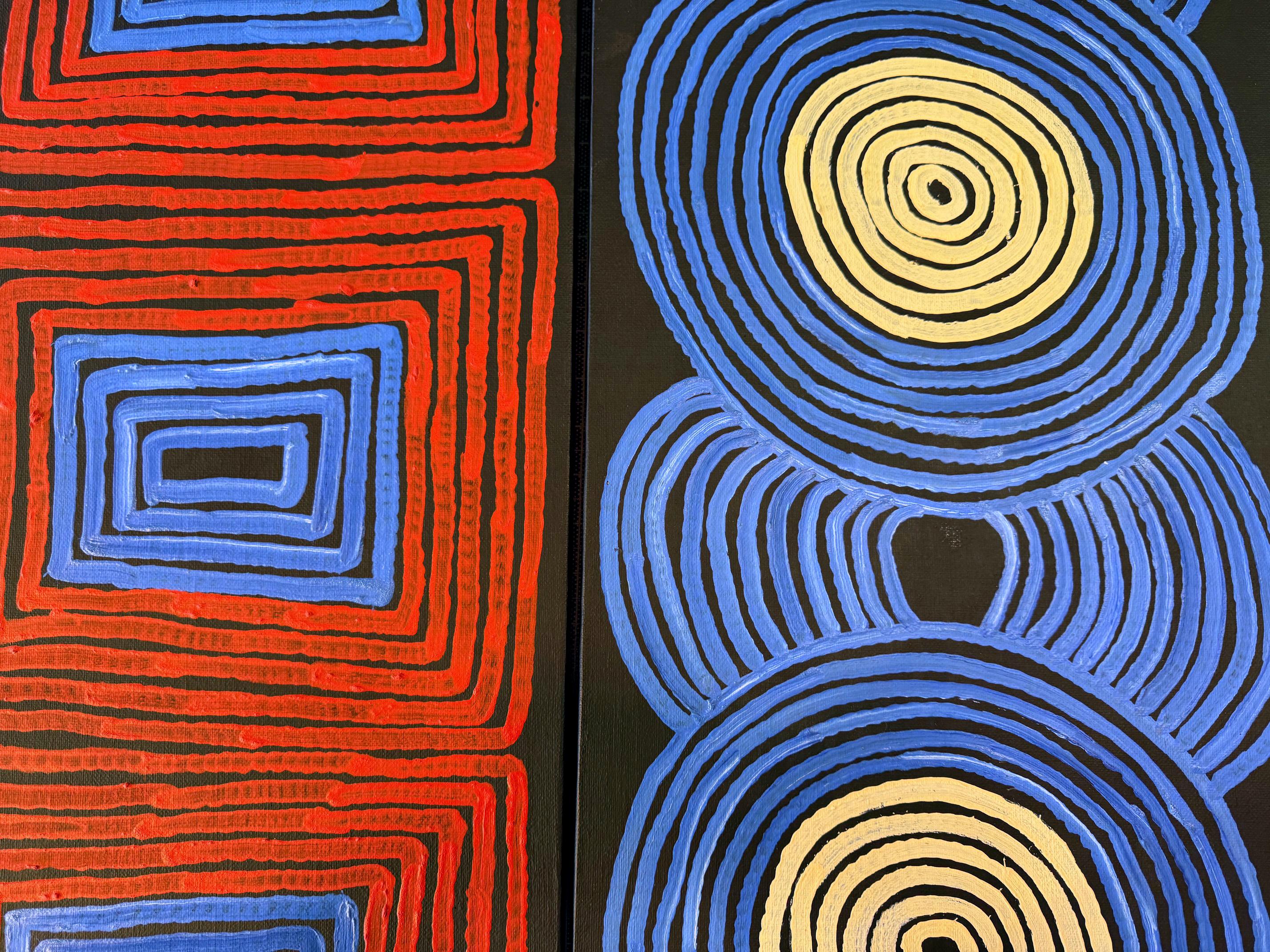 Canvas Triptych Australian Aboriginal Paintings Tingari Ronnie Tjampitjinpa For Sale