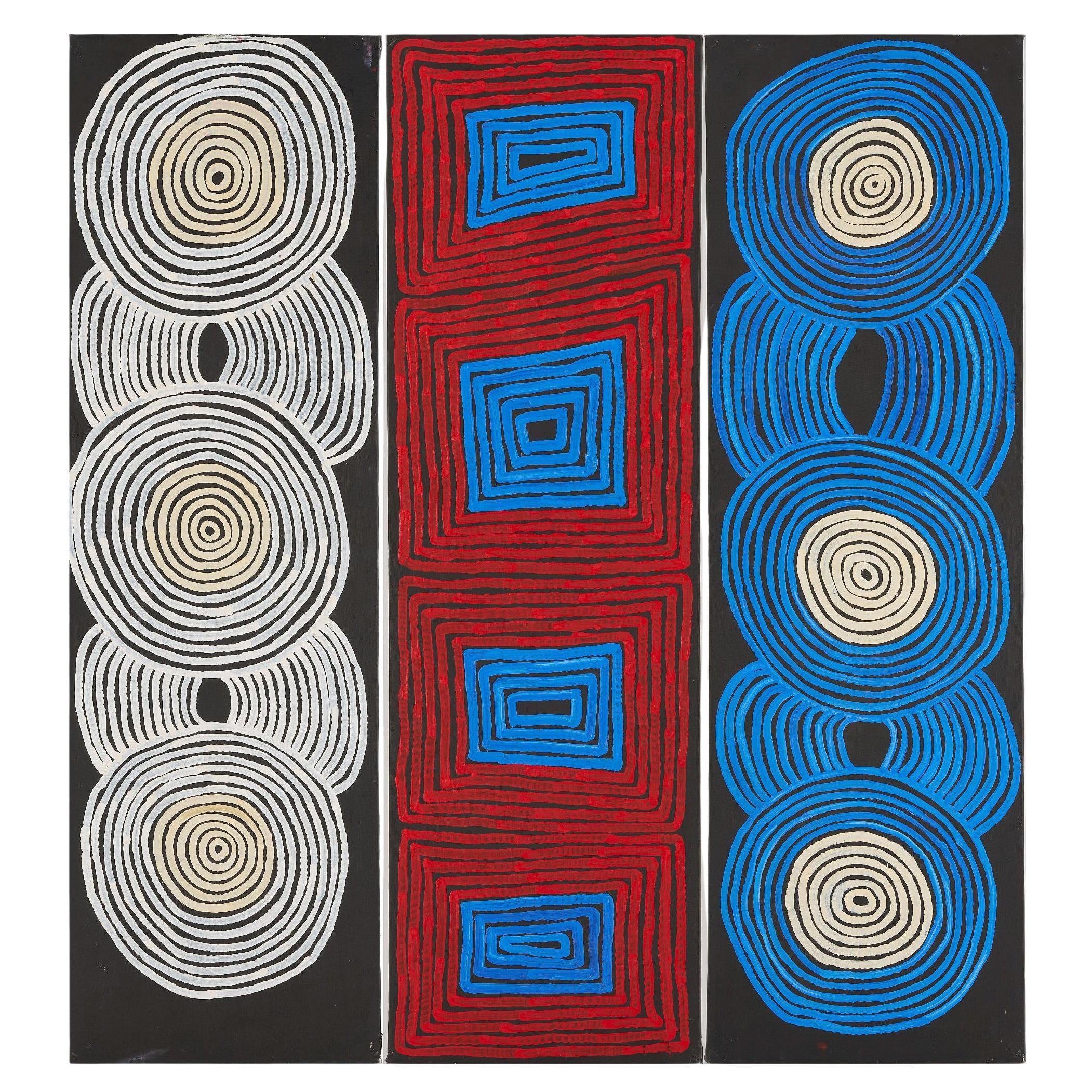 Triptych Australian Aboriginal Paintings Tingari Ronnie Tjampitjinpa For Sale
