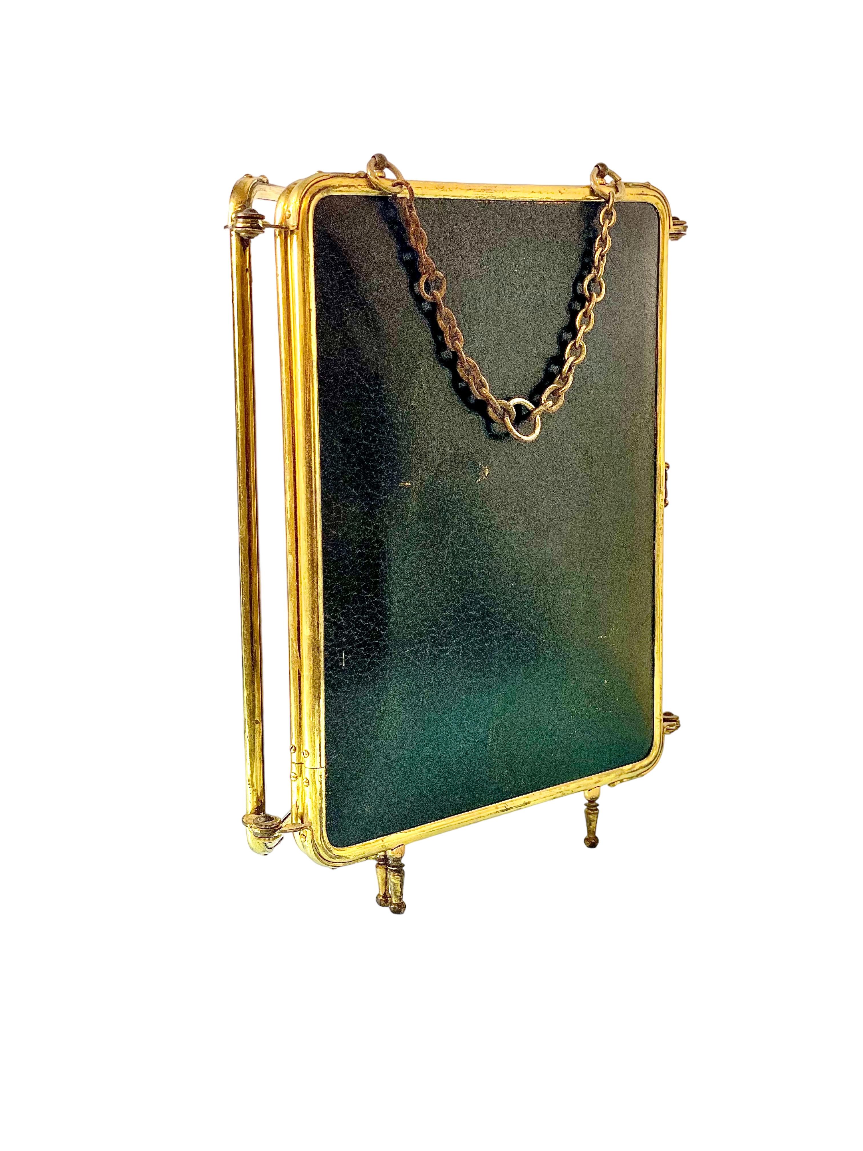 20th Century Triptych Barber's Mirror in Gilt Brass and Leather