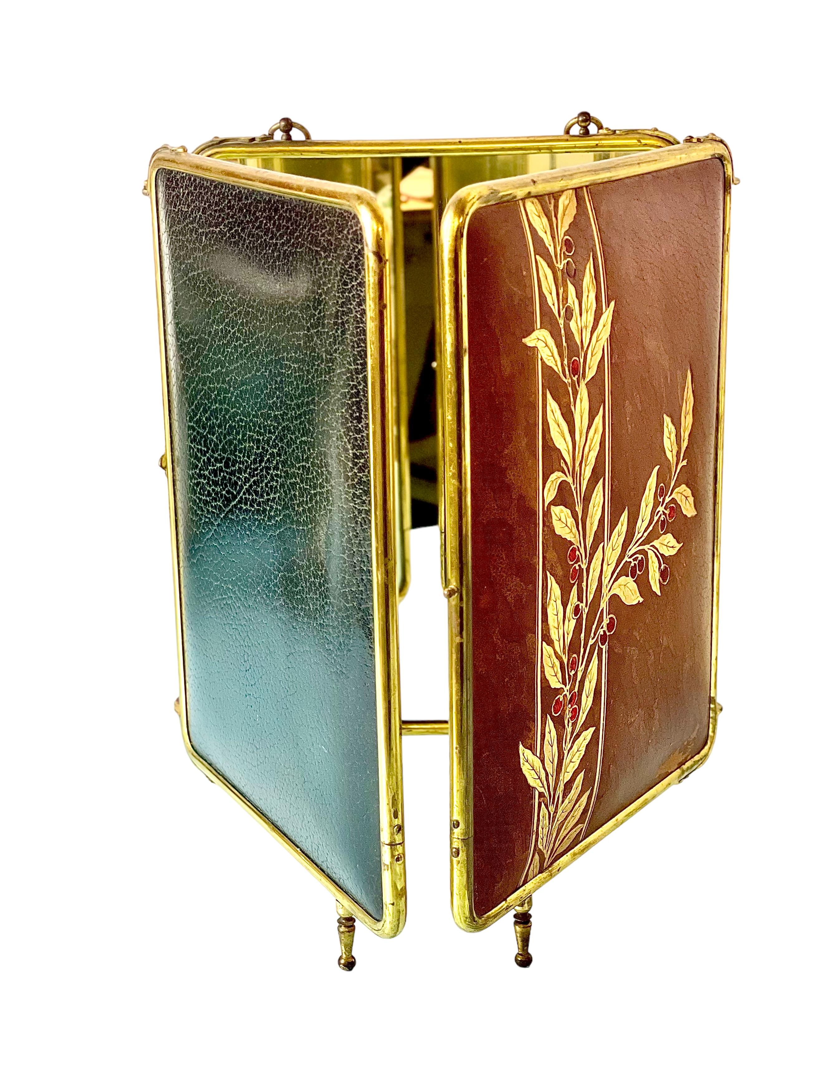 Triptych Barber's Mirror in Gilt Brass and Leather 1