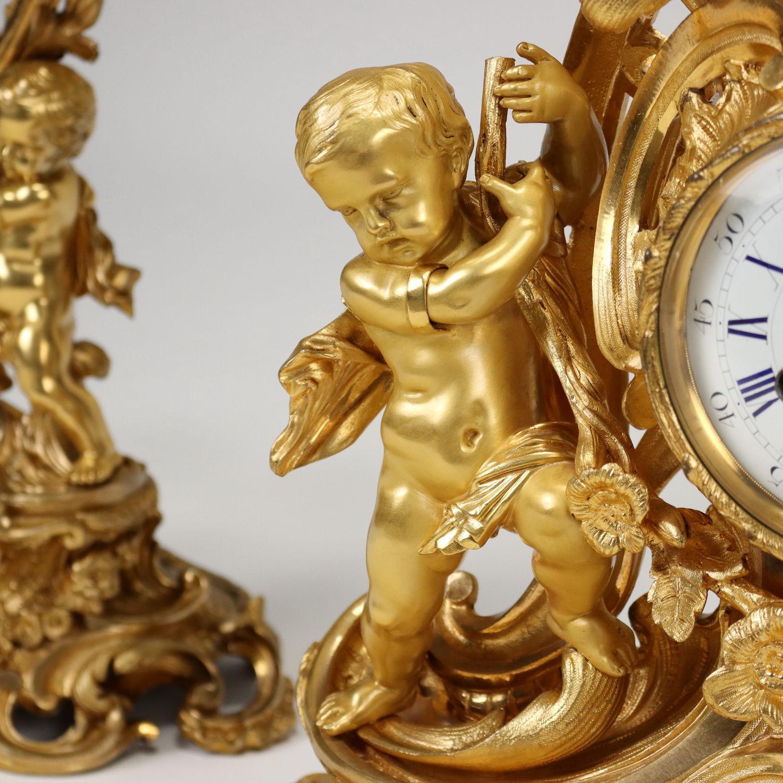 Gilt Triptych Bronze Clock G. Raglia Milano, XIXth century