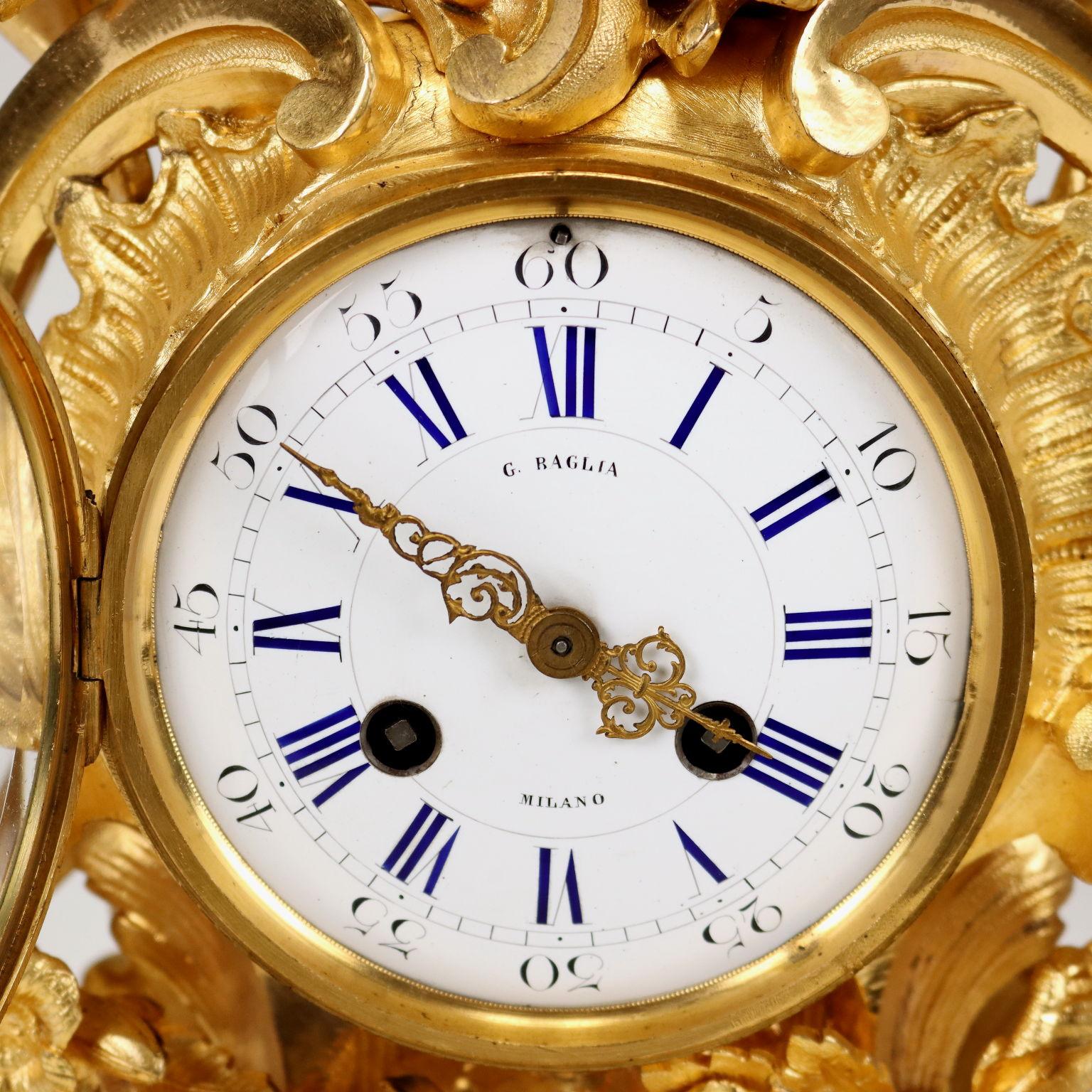 Triptych Bronze Clock G. Raglia Milano, XIXth century 2