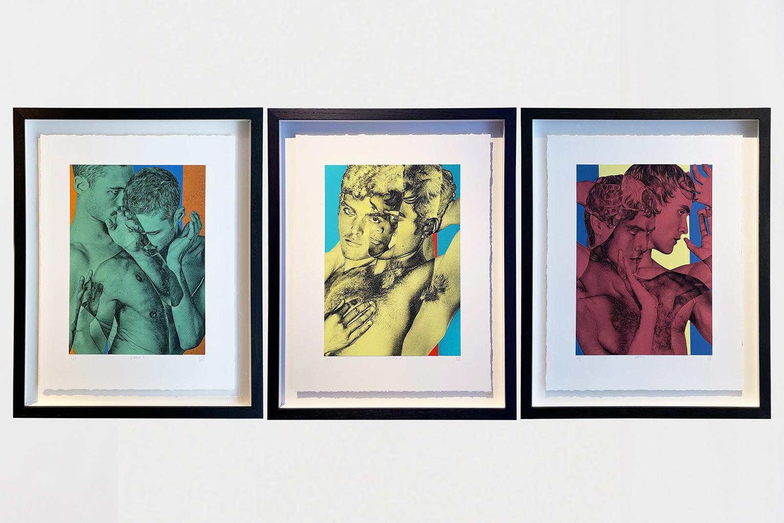 A triptych by Radek Husak.
Transfered pigments, collage, paint, soft pastel, carbon, colour pencils on Japanese Tosa Washi paper mounted on watercolour paper. 
Edition 1/5. Framed.
Monogrammed by the artist, 2021.