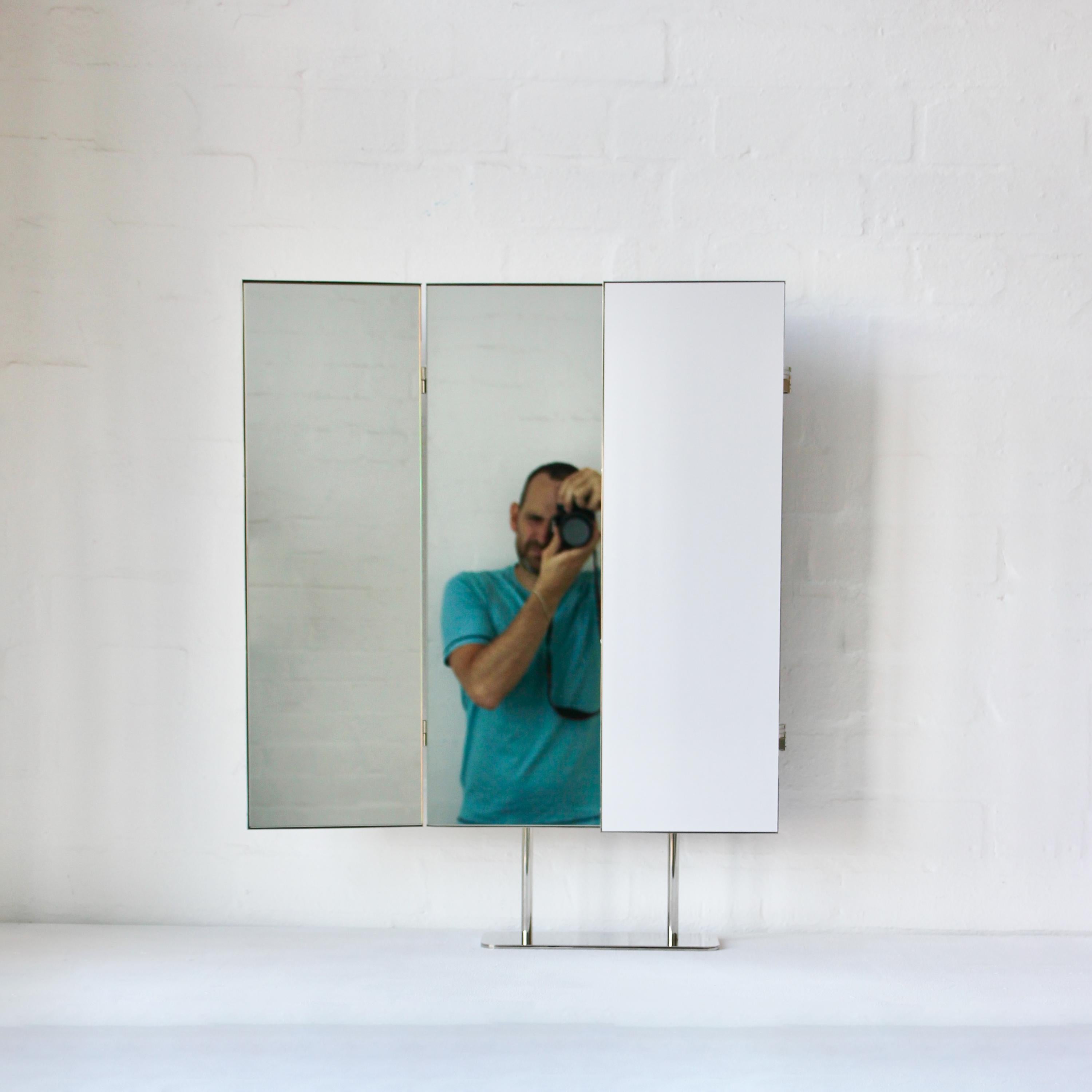 Triptych Countertop Rectangular Mirror with Minimalist Nickel plated Frame For Sale 3