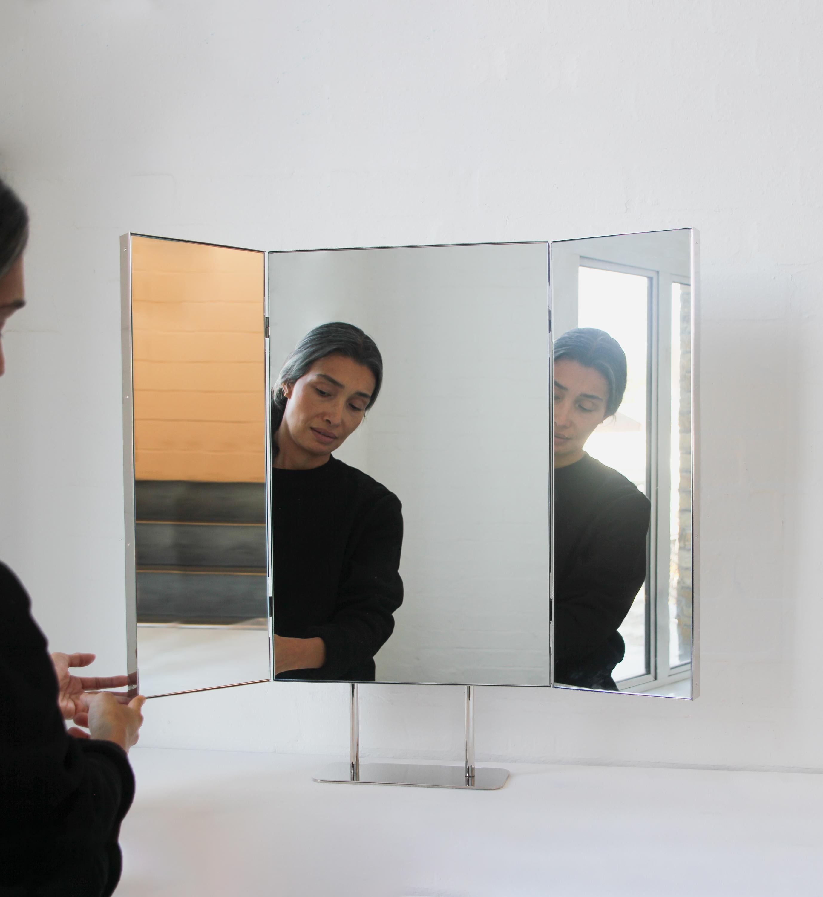British Triptych Countertop Rectangular Mirror with Minimalist Nickel plated Frame For Sale