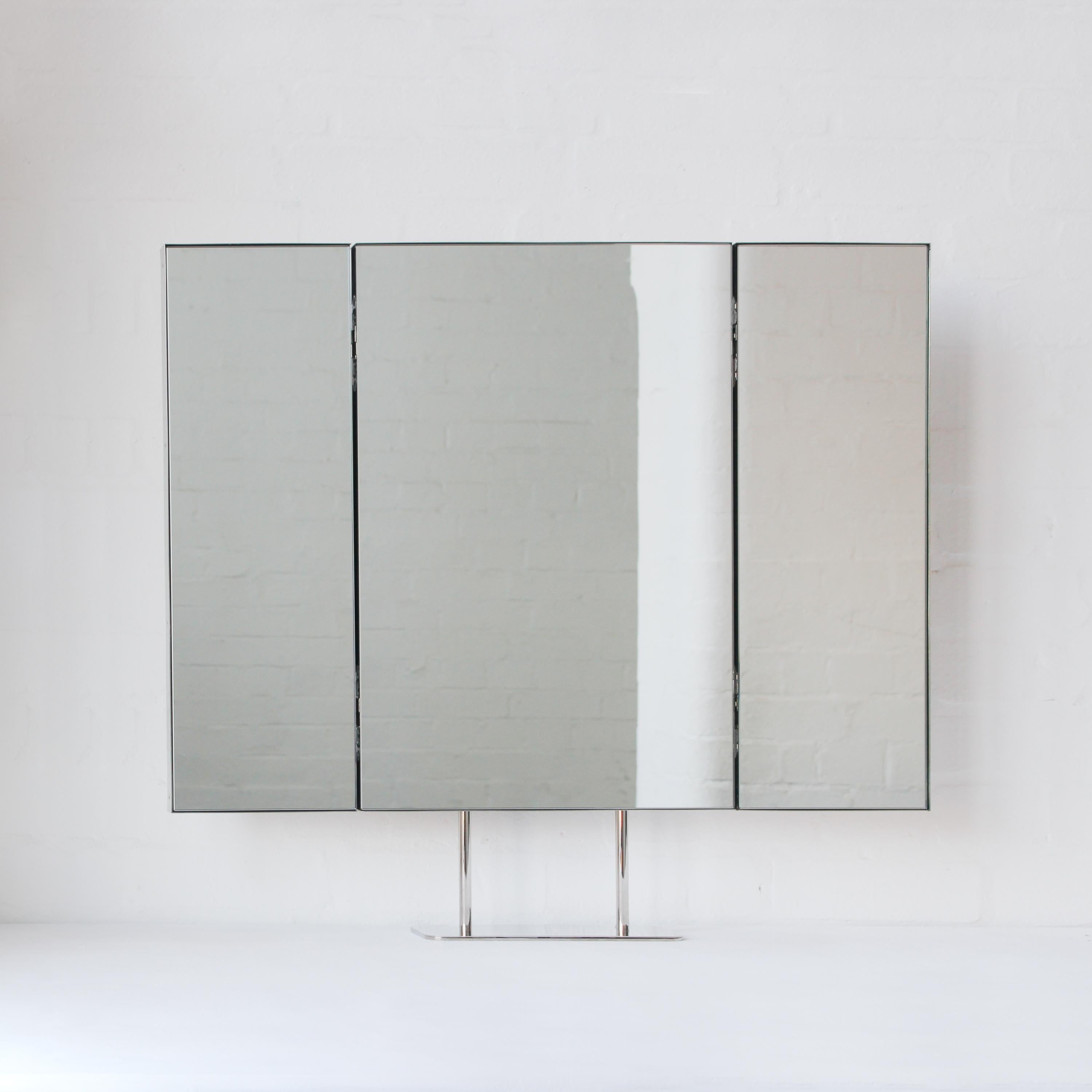 Contemporary Triptych Countertop Rectangular Mirror with Minimalist Nickel plated Frame For Sale