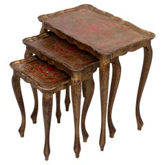Triptych Florentine  Gold and Red  Wood Italian nesting Tables, 1960