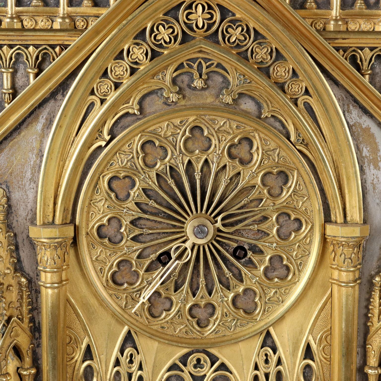 French Triptych Neo-Gothic Clock, Mid 19th Century