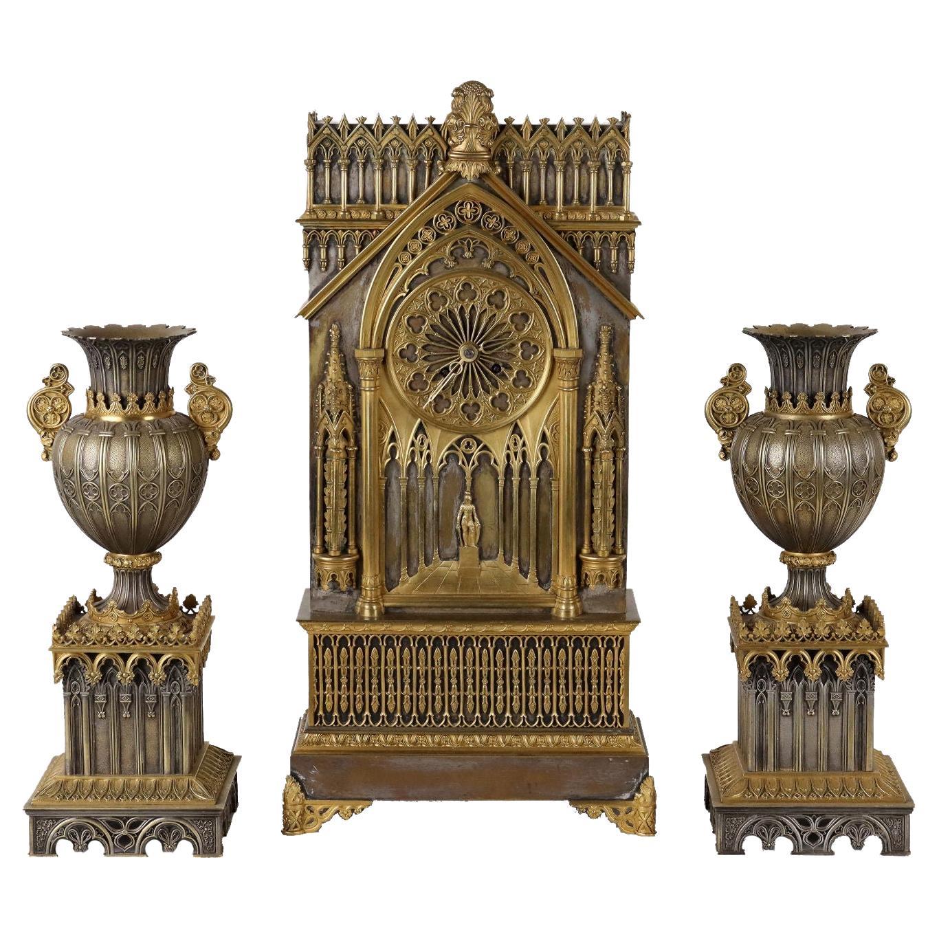 Triptych Neo-Gothic Clock, Mid 19th Century