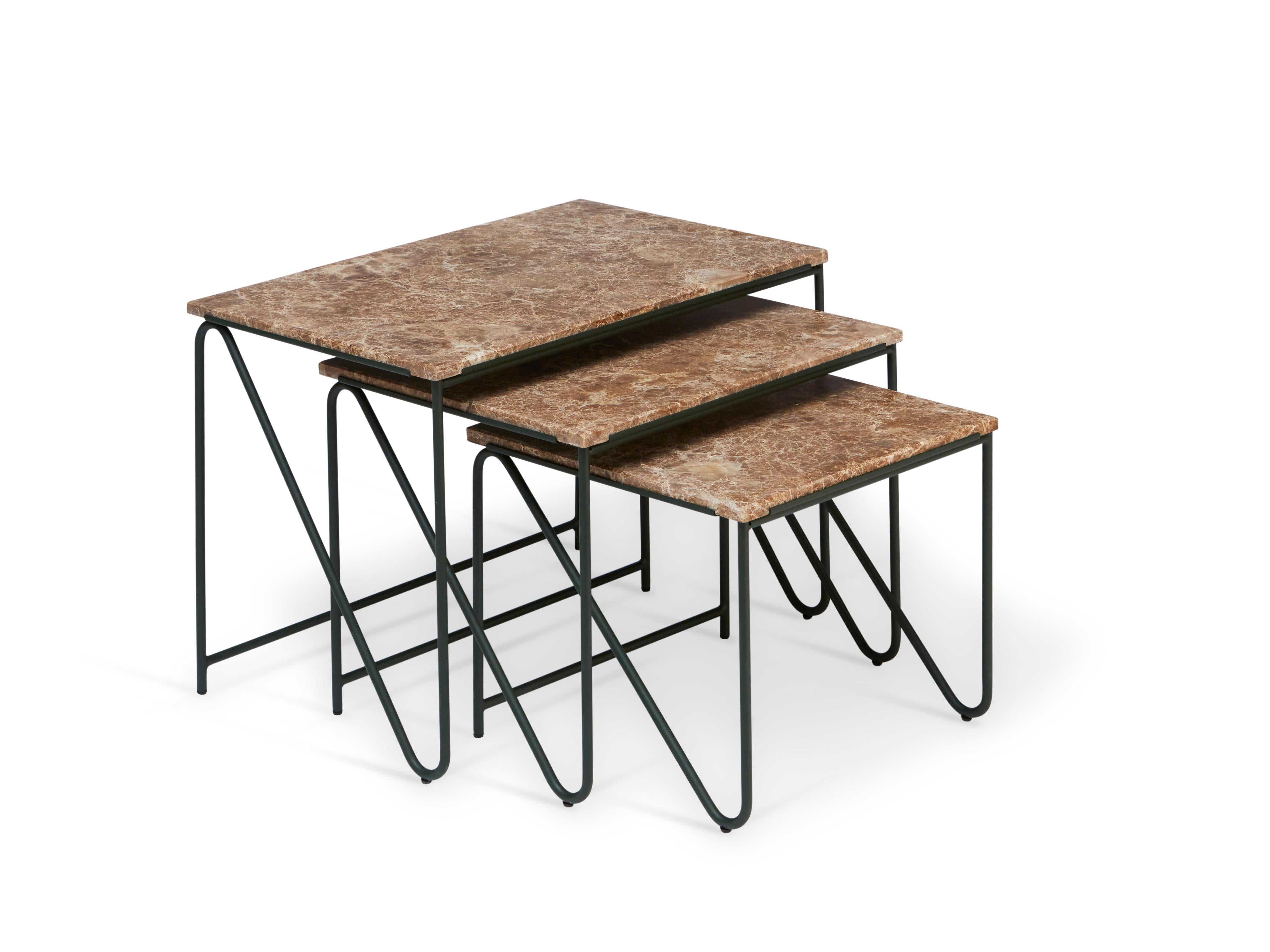 Danish Triptych Nesting Tables in Monaco Brown Marble with Cedar Green Frame For Sale