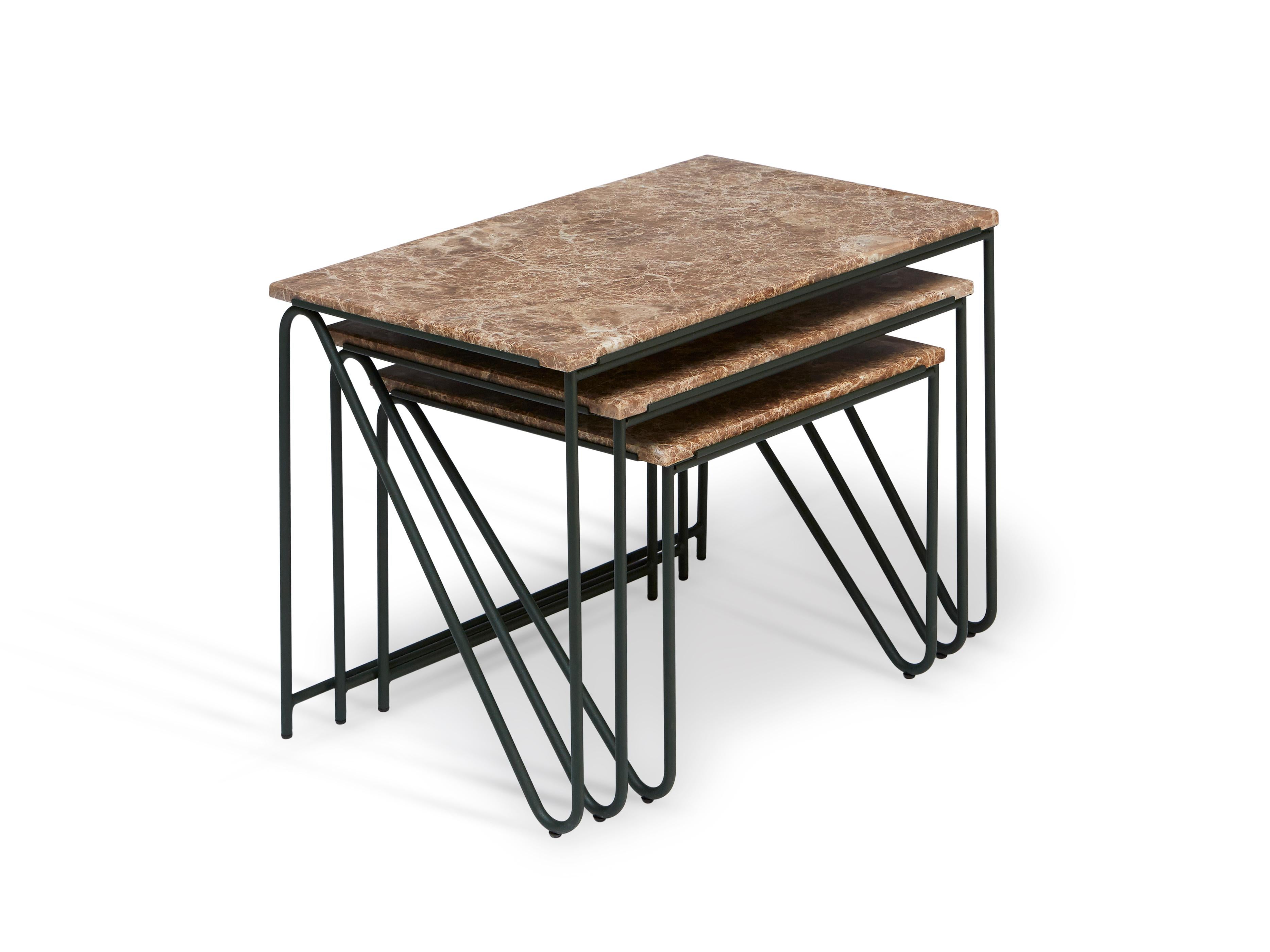 Triptych Nesting Tables in Monaco Brown Marble with Cedar Green Frame In New Condition For Sale In Brooklyn, NY