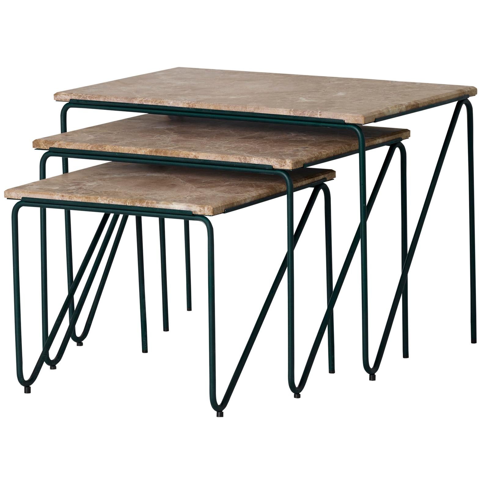 Triptych Nesting Tables in Monaco Brown Marble with Cedar Green Frame For Sale