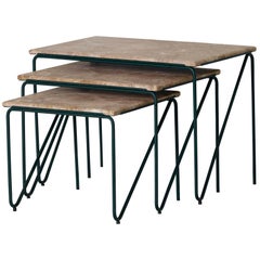 Triptych Nesting Tables in Monaco Brown Marble with Cedar Green Frame