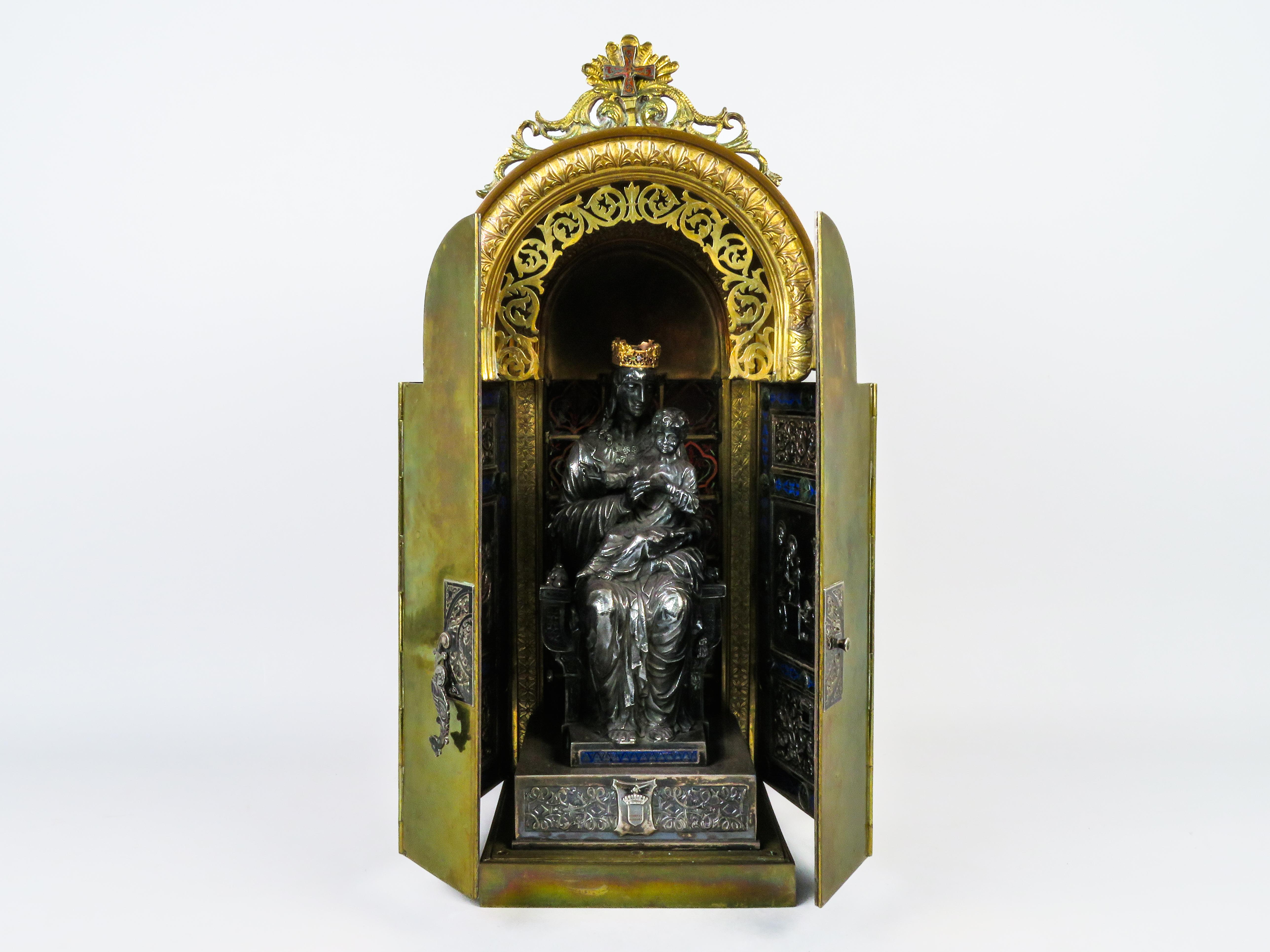 Argento 925 Nicchia trittica con scultura di  La Vergine Maria con il Bambino Gesù in vendita