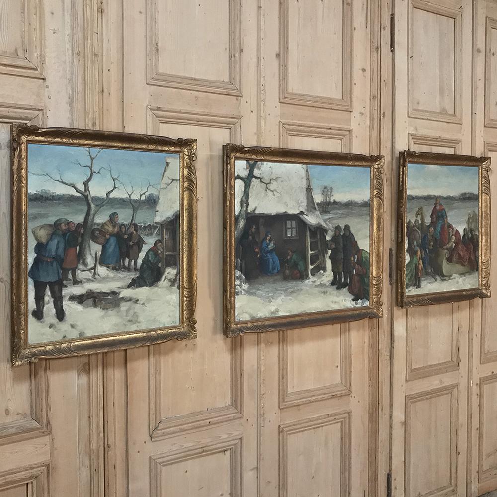 Triptych of antique framed oil paintings by Robert Carle are a unique 