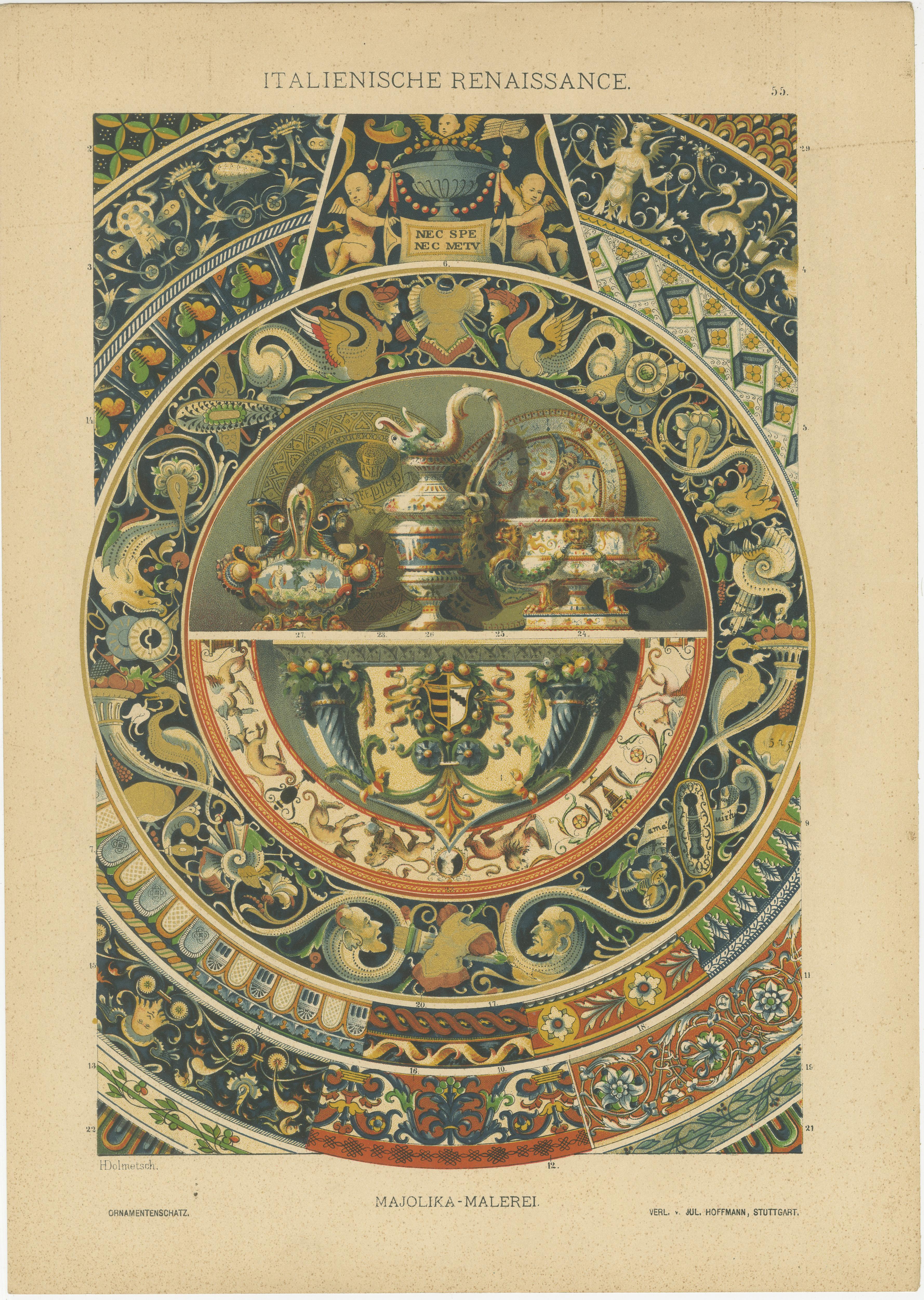 Diese Drucke aus der italienischen Renaissance zeigen detaillierte künstlerische Designs in verschiedenen Medien.

Hersteller und Veröffentlichung:

Diese Drucke wurden von Friedrich Hottenroth entworfen und in die 1884 erschienene Sammlung
