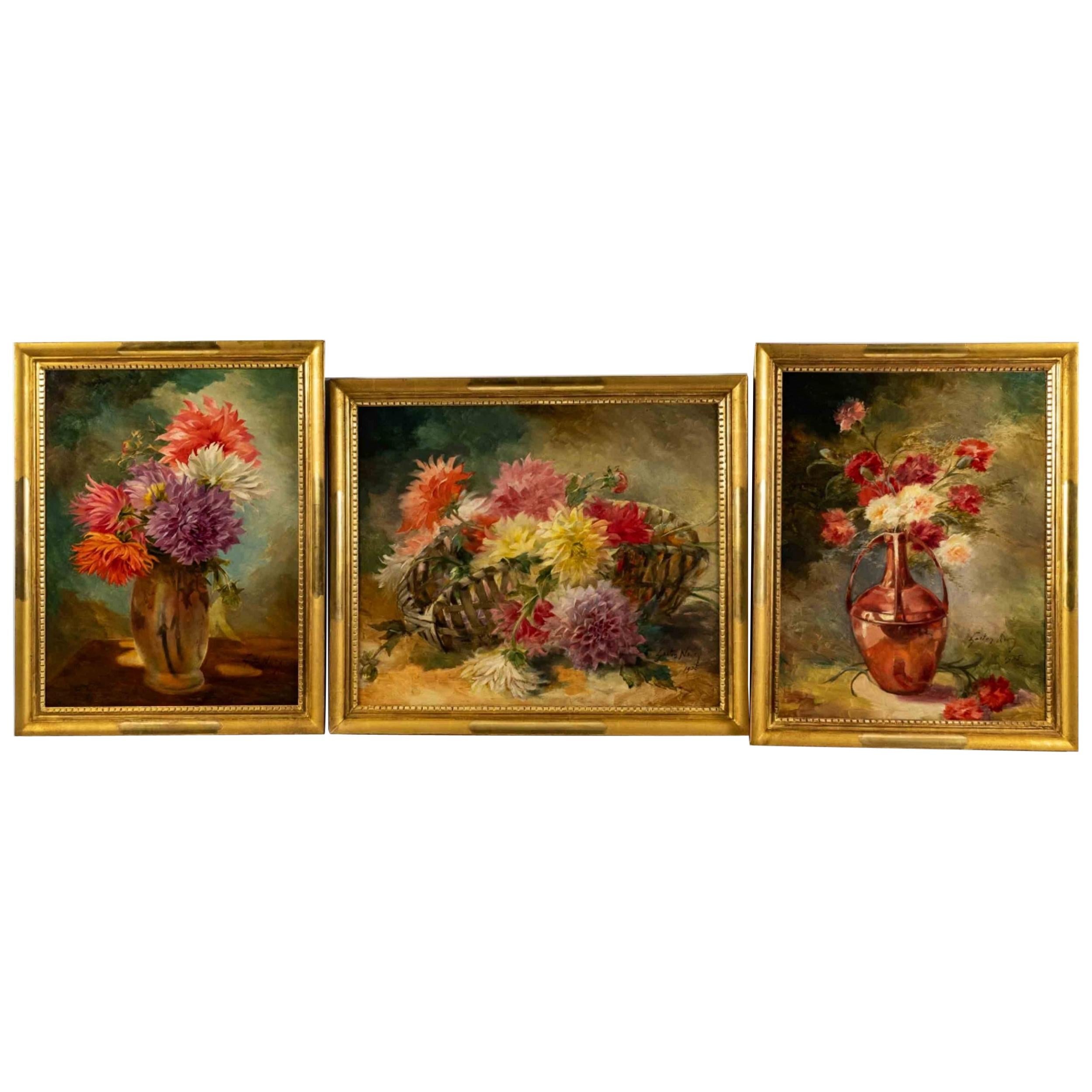 Triptych of Oil on Canvas Representing Still Lifes by Gaston Noury
