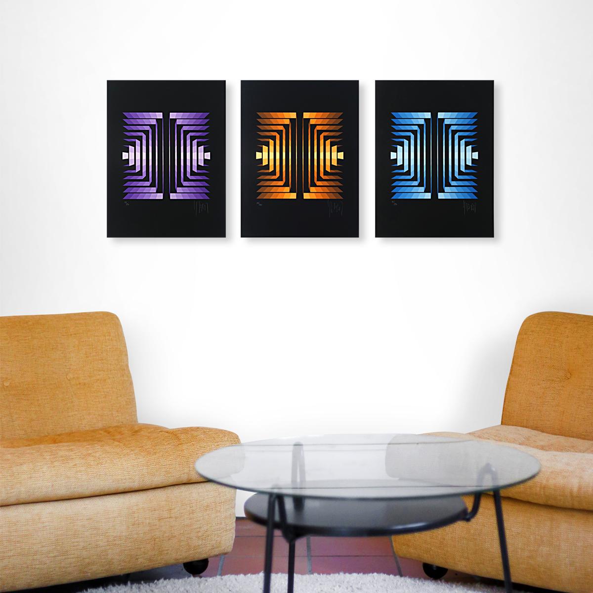 These three expressive geometric shapes are indentical, but their strong colors (purple, blue and orange) give each work a true personality. 
The serigraphies on paper are signed and numbered:
purple 93/190
blue 92/190
orange 113/190

'Structures en