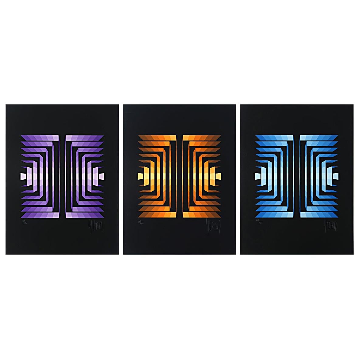 Triptych of Op-Art Serigraphies Made and Signed by Yvaral - Jean-Pierre Vasarely