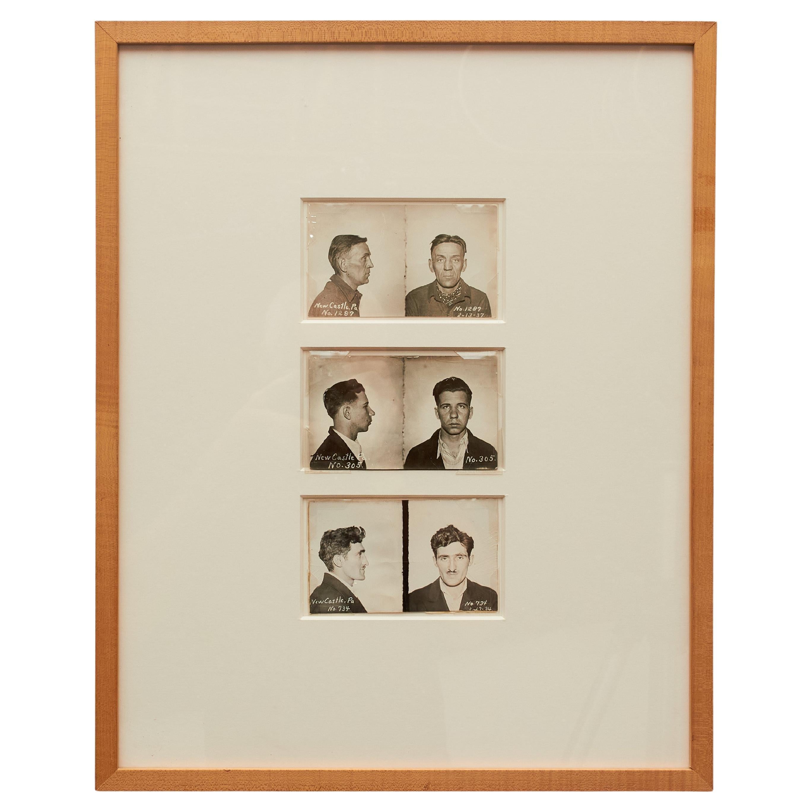 Triptych of Original 1930s Prisoner Photos Framed with Modern Elegance For Sale