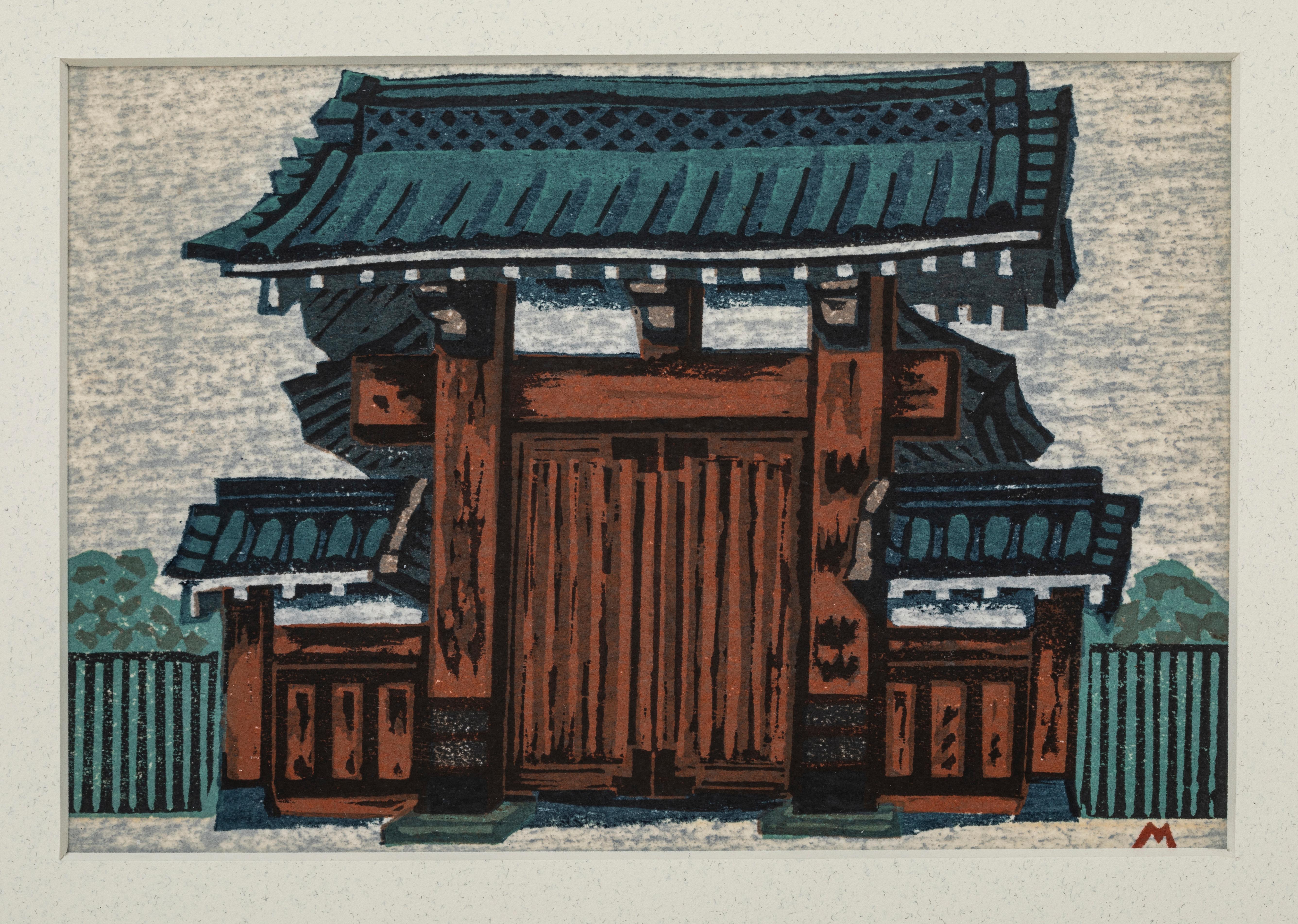 Triptych of Rock Gardens and Japanese Gate Woodblocks For Sale 3