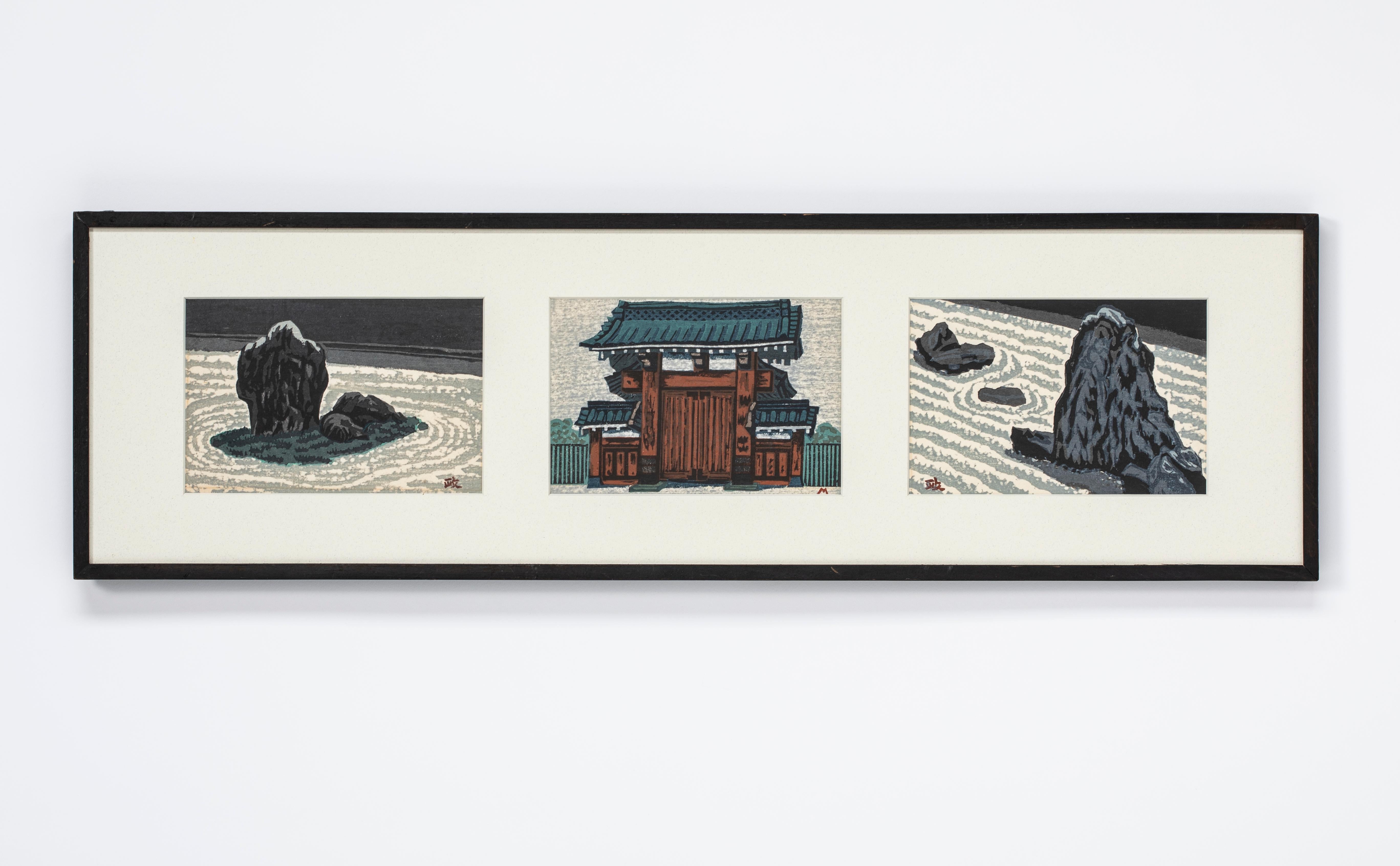 Triptych of Rock Gardens and Japanese Gates Woodblocks by Masao Maeda
These three Scenes depict his respect for Rock Gardens with carefully raked Scenes and Japanese Gates.
Masao Maeda Japanese Artist (1904-1974)
Born in Hakodate on the island of