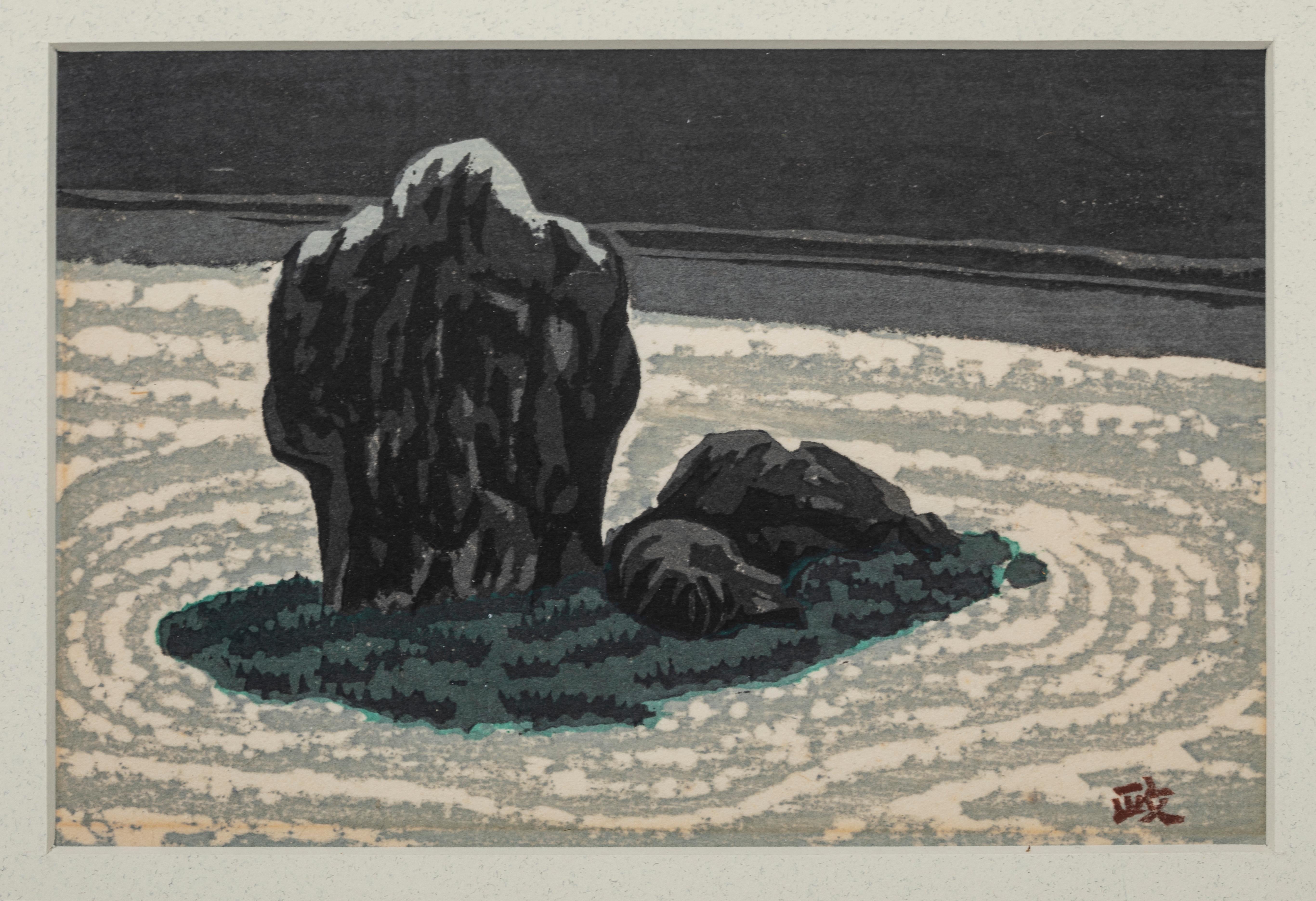 Showa Triptych of Rock Gardens and Japanese Gate Woodblocks For Sale