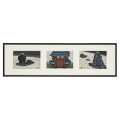 Vintage Triptych of Rock Gardens and Japanese Gate Woodblocks
