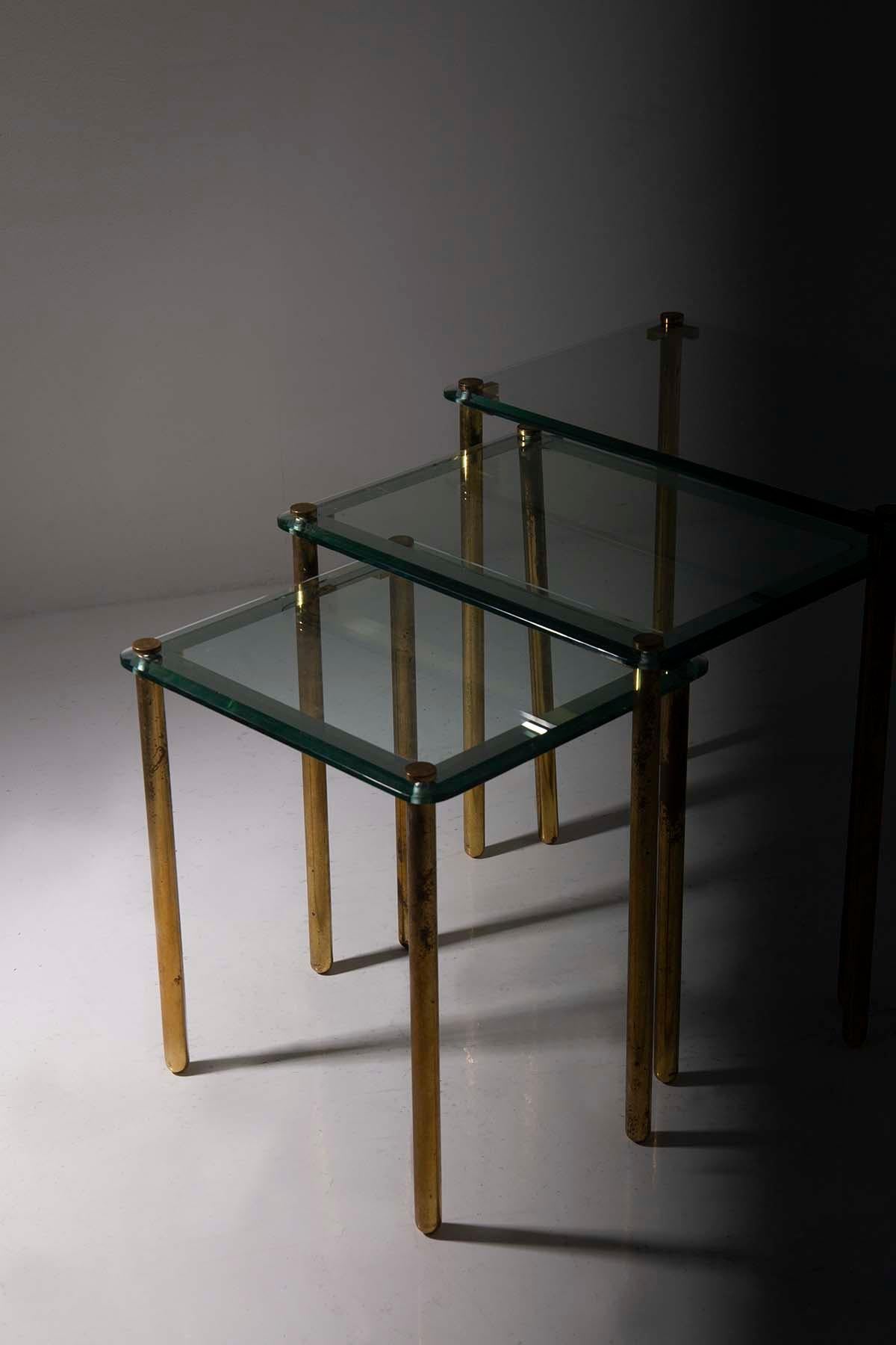 Triptych of vintage Italian coffee tables in thick glass and brass For Sale 1