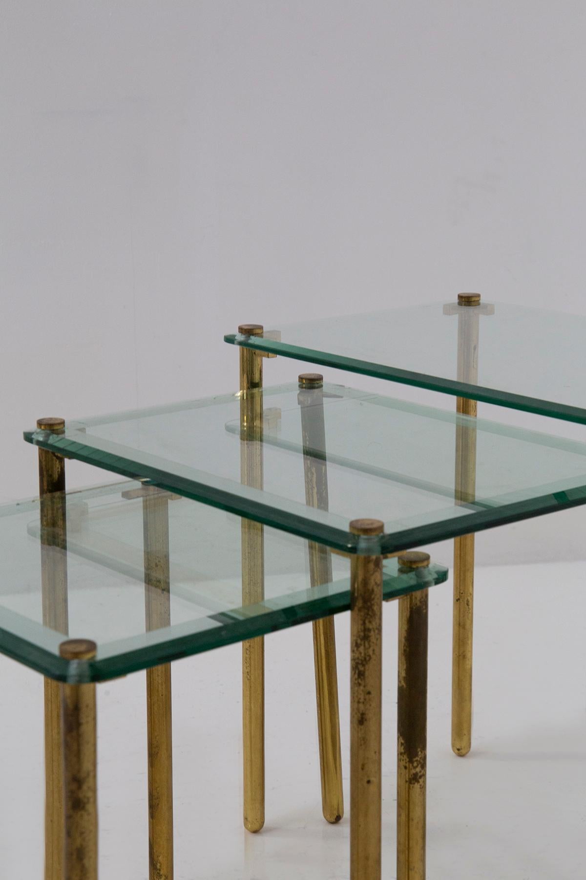Triptych of vintage Italian coffee tables in thick glass and brass For Sale 3