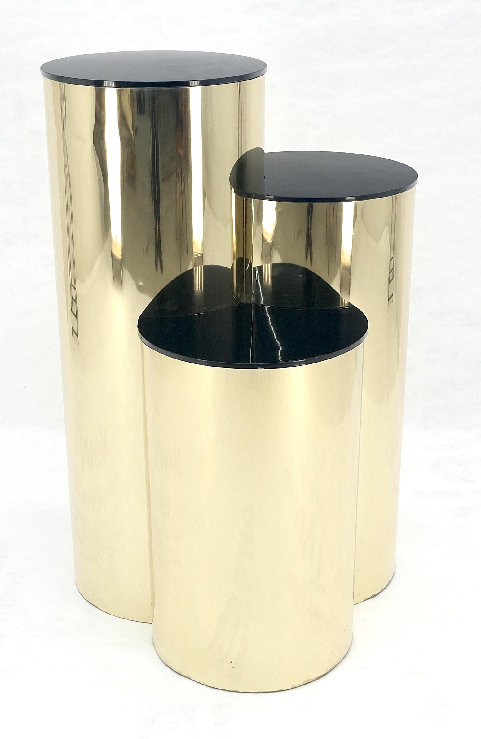 American Triptych Round Cylinder Brass Finish Multi Level Pedestal Stand Table For Sale